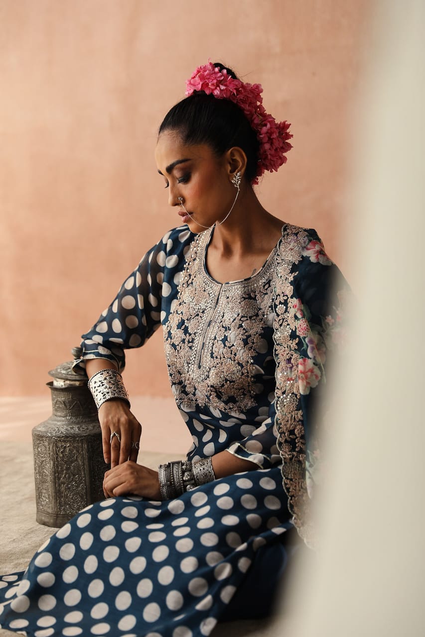 Blue Polka Chanderi Kurta Set | HER-253