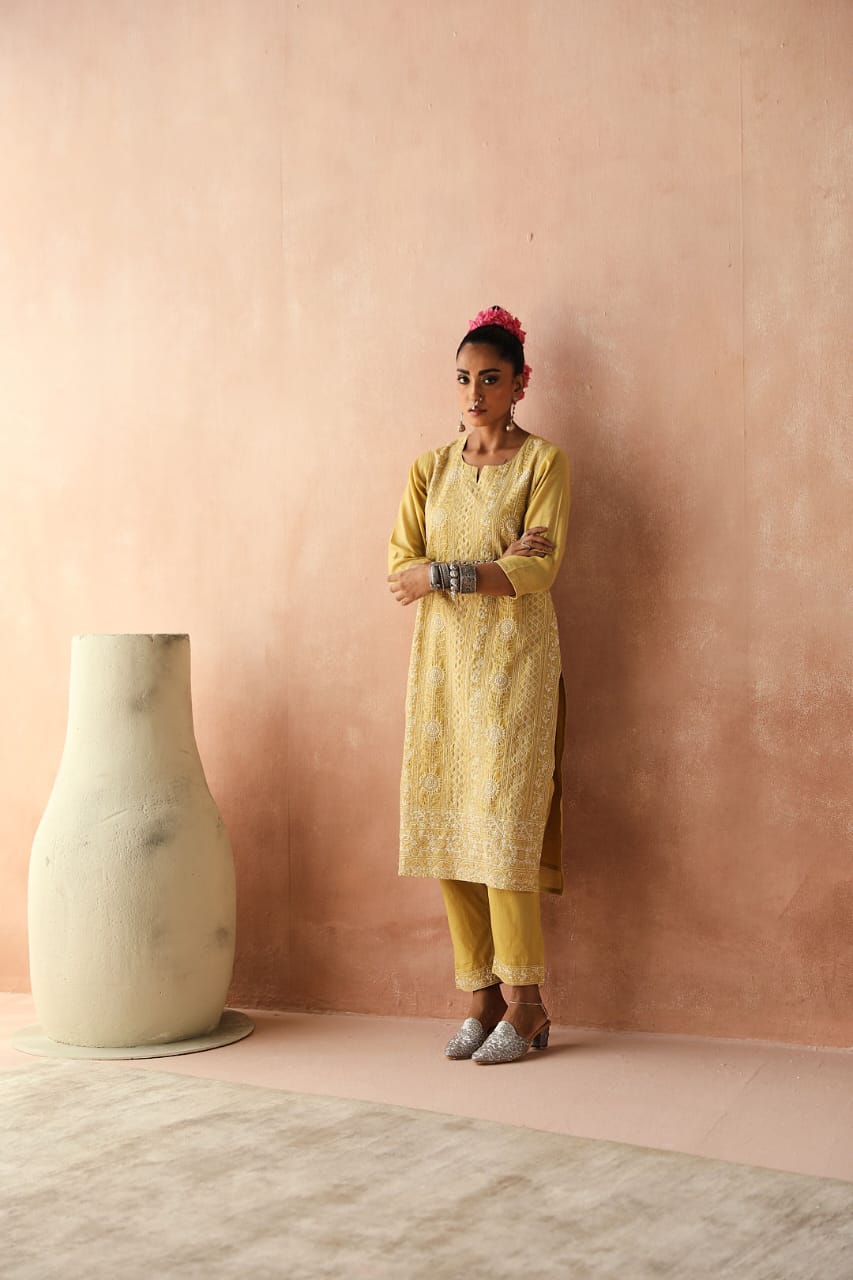 Yellow Chikankari Kurta/Co-ord Set | HER-258