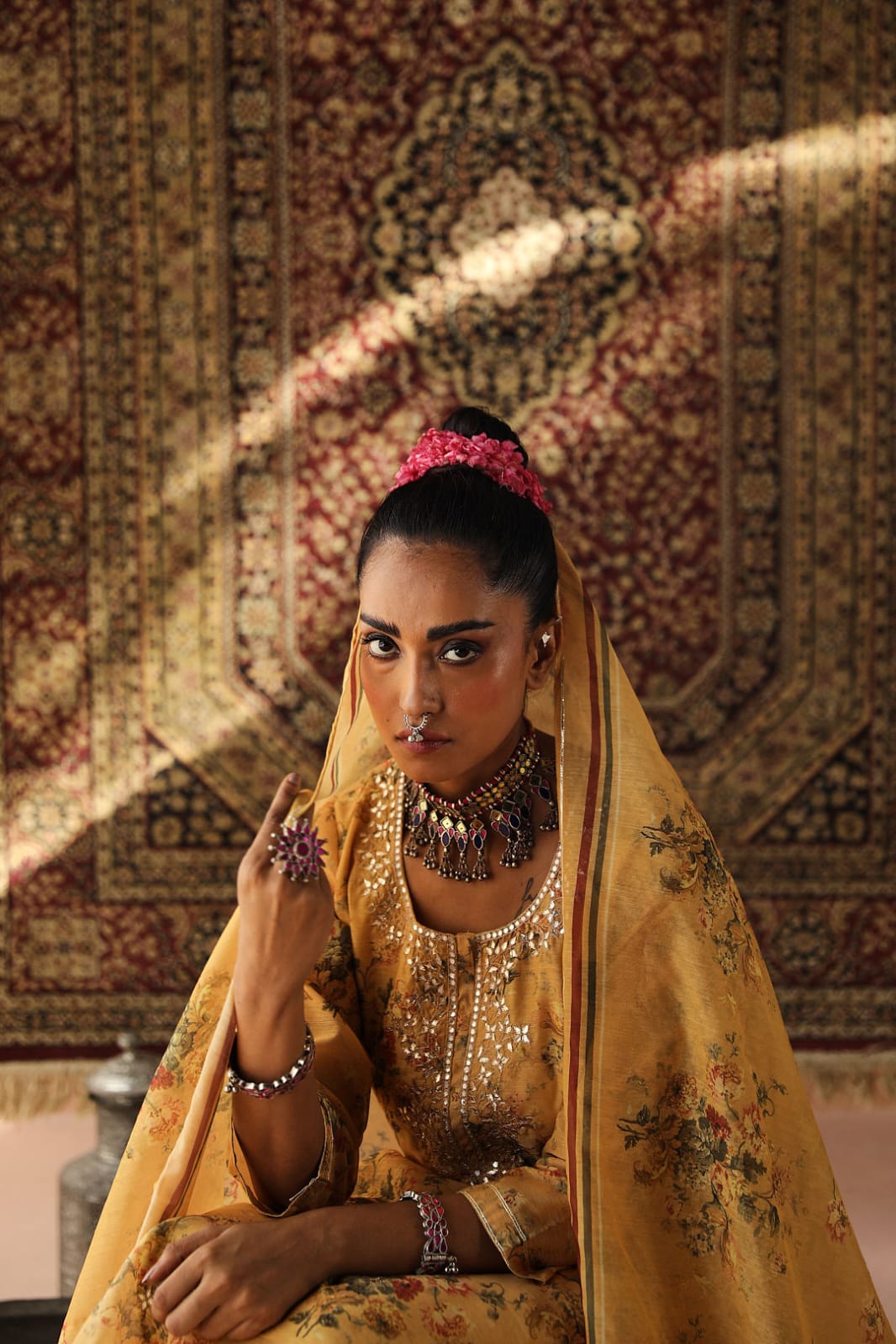 Heer Floral Yellow Chanderi Suit Set | HER-255