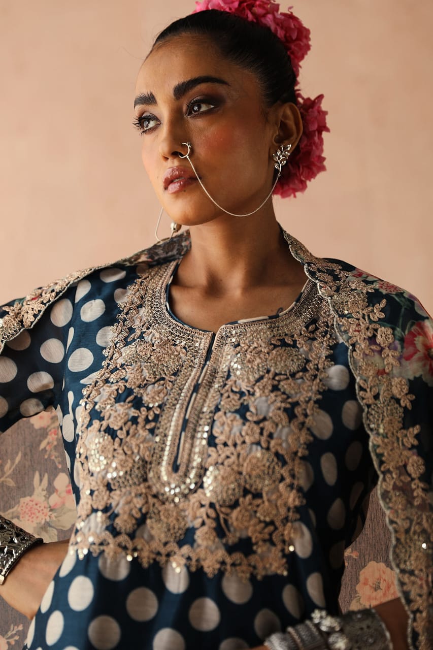 Blue Polka Chanderi Kurta Set | HER-253