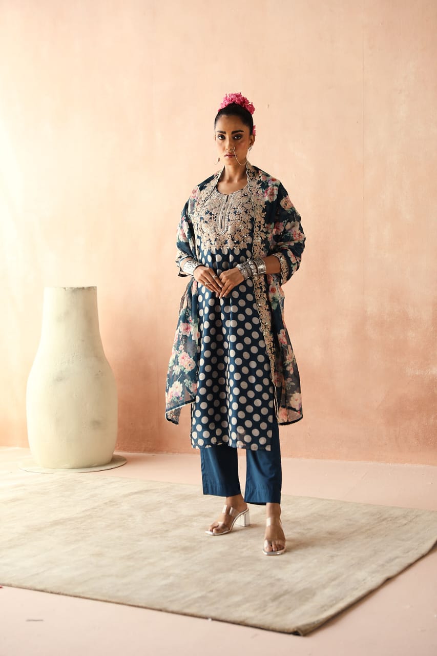Blue Polka Chanderi Kurta Set | HER-253