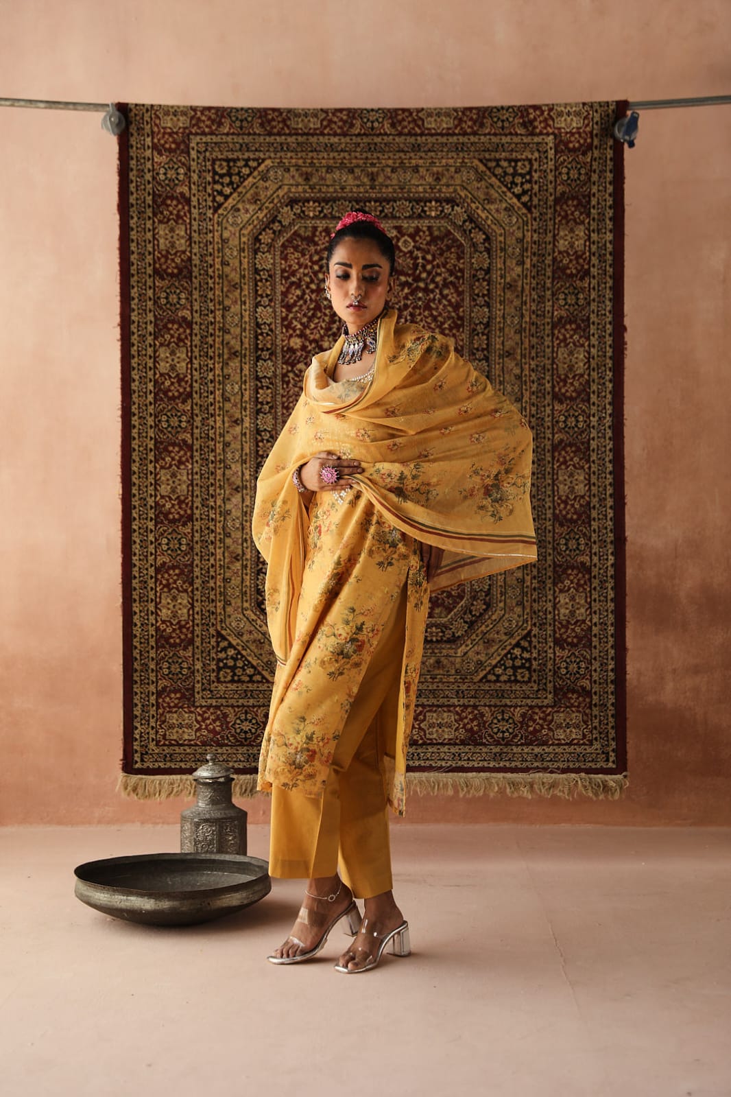 Heer Floral Yellow Chanderi Suit Set | HER-255