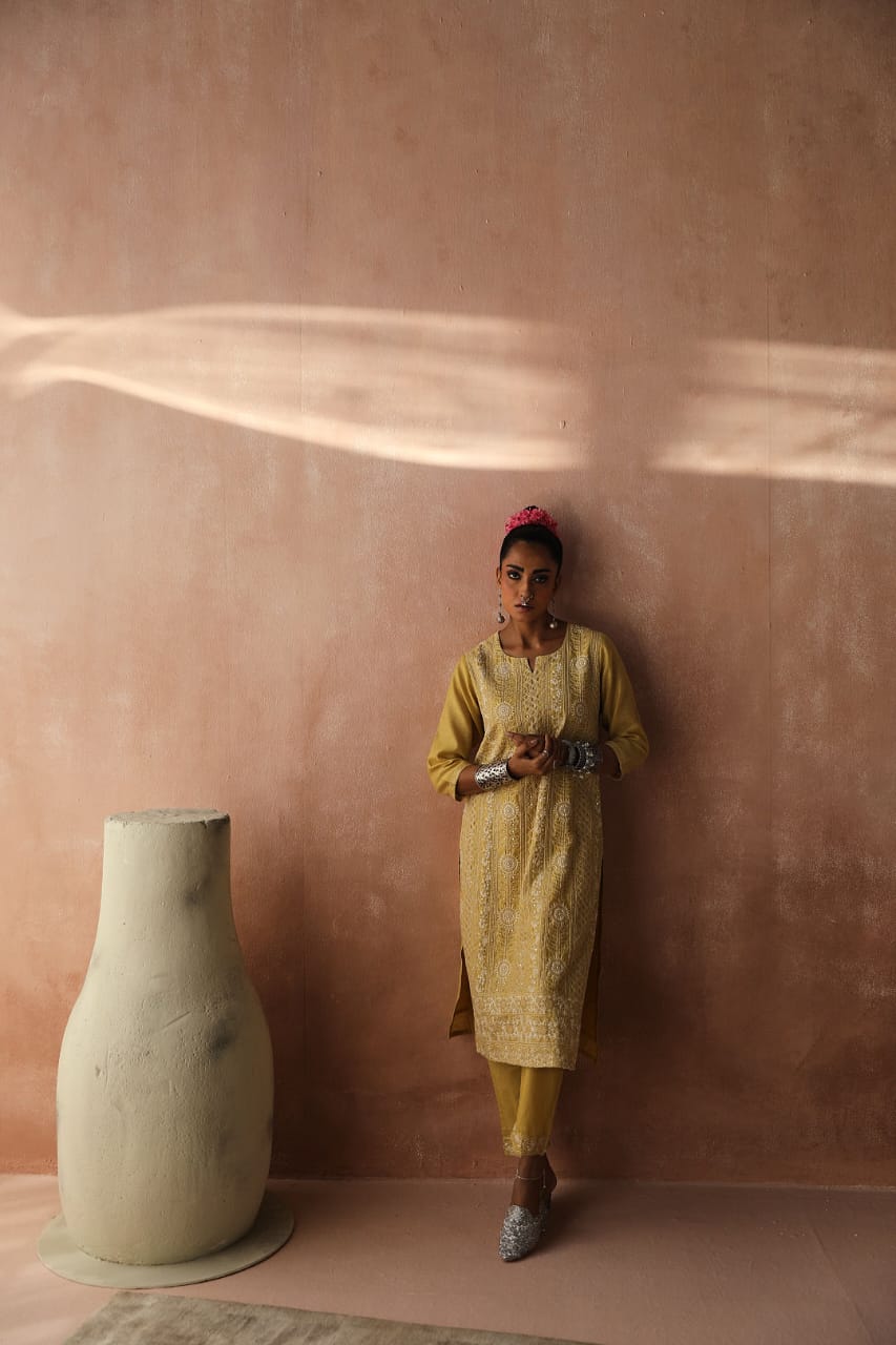 Yellow Chikankari Kurta/Co-ord Set | HER-258