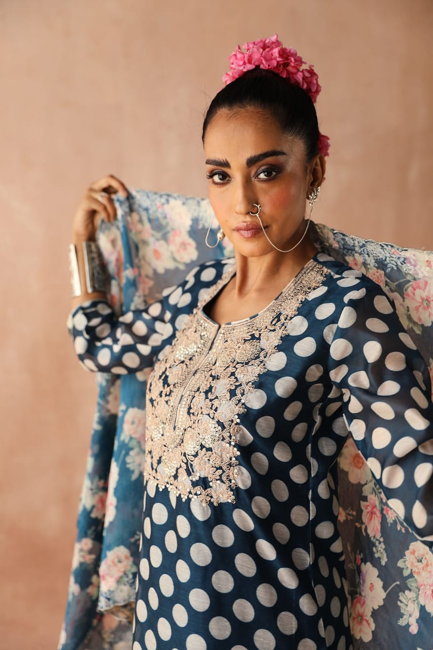 Blue Polka Chanderi Kurta Set | HER-253
