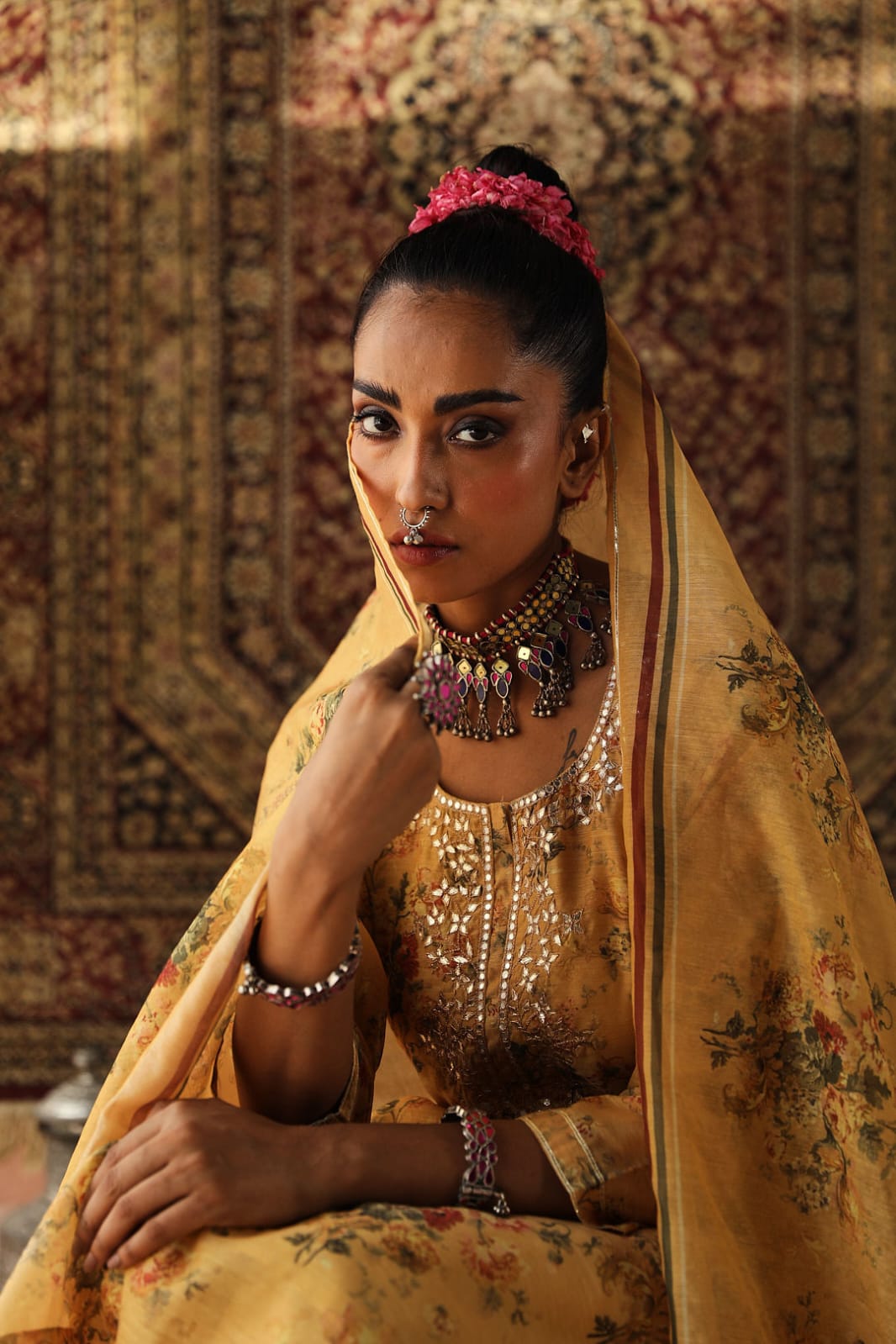 Heer Floral Yellow Chanderi Suit Set | HER-255