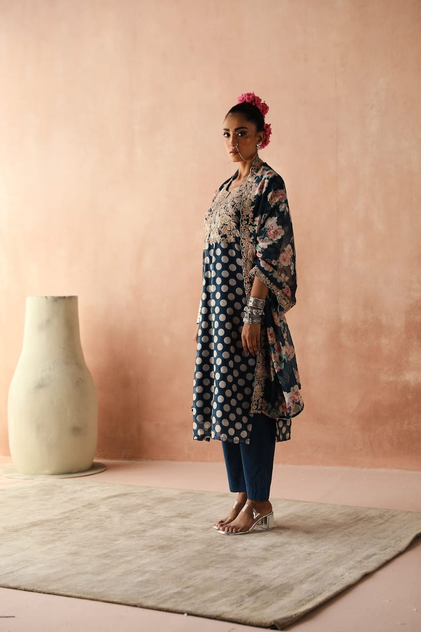 Blue Polka Chanderi Kurta Set | HER-253