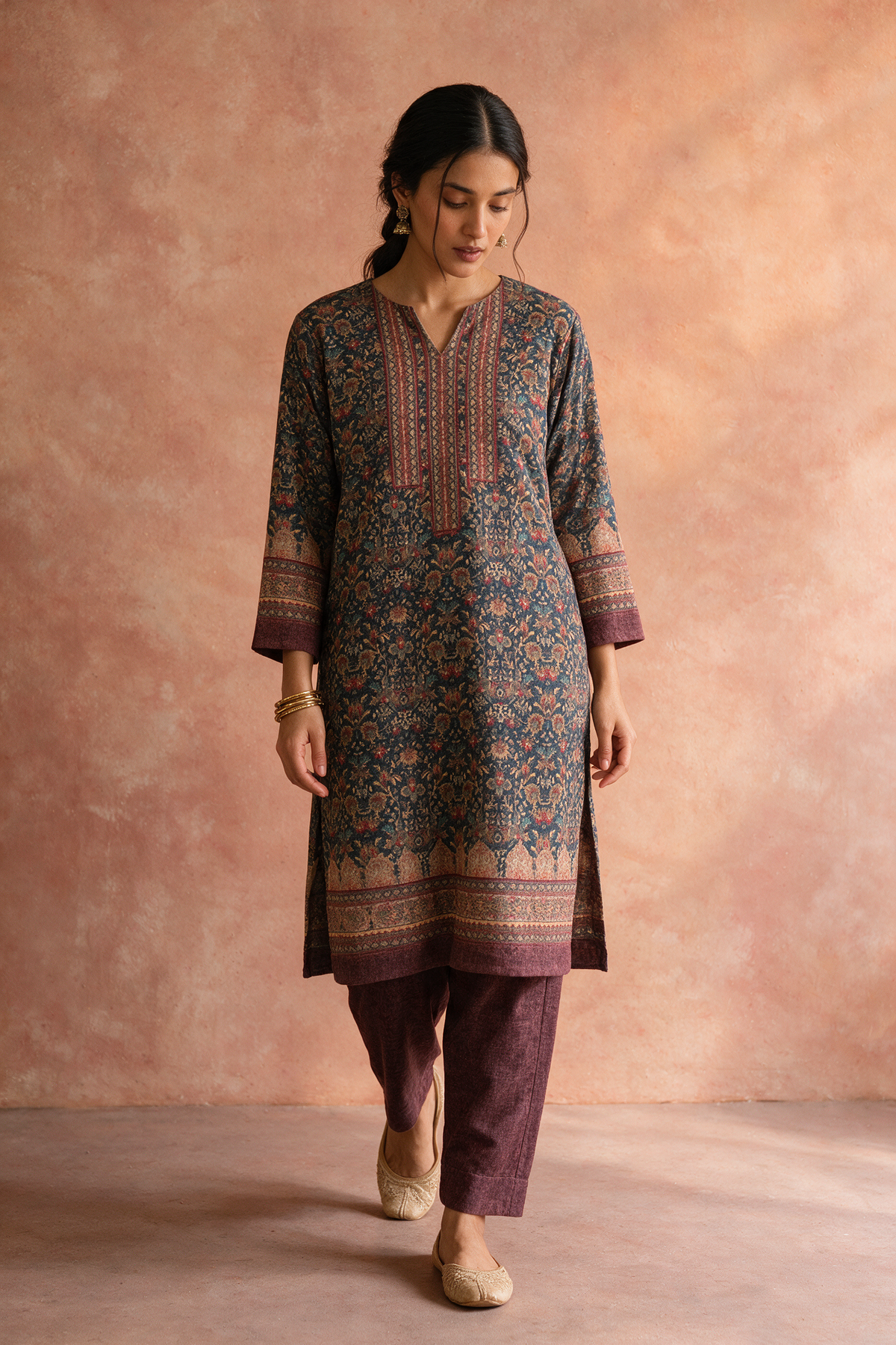 Plum Woollen Floral Kurta Set