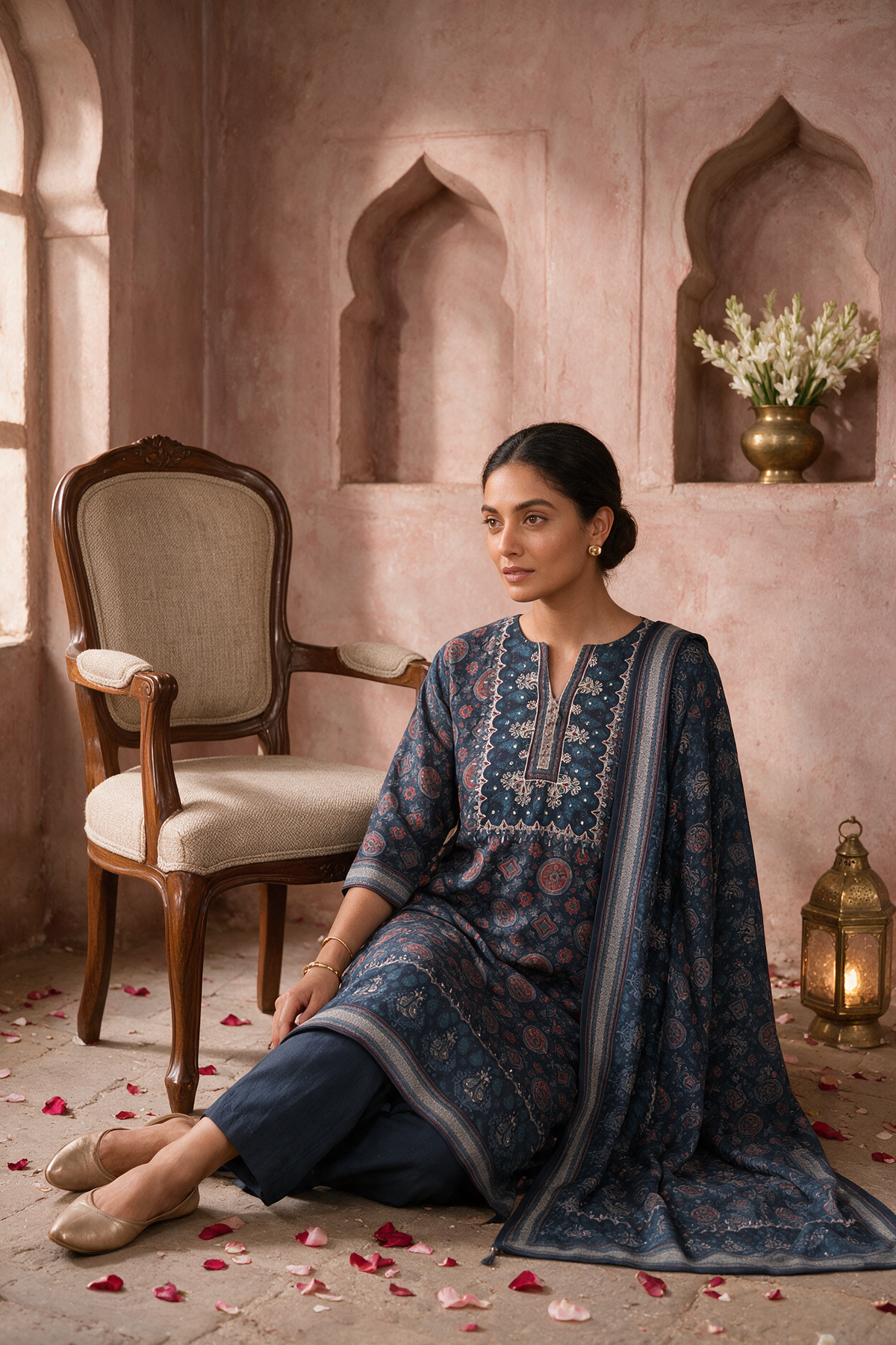 Indigo Medallion Printed Silk Suit Set
