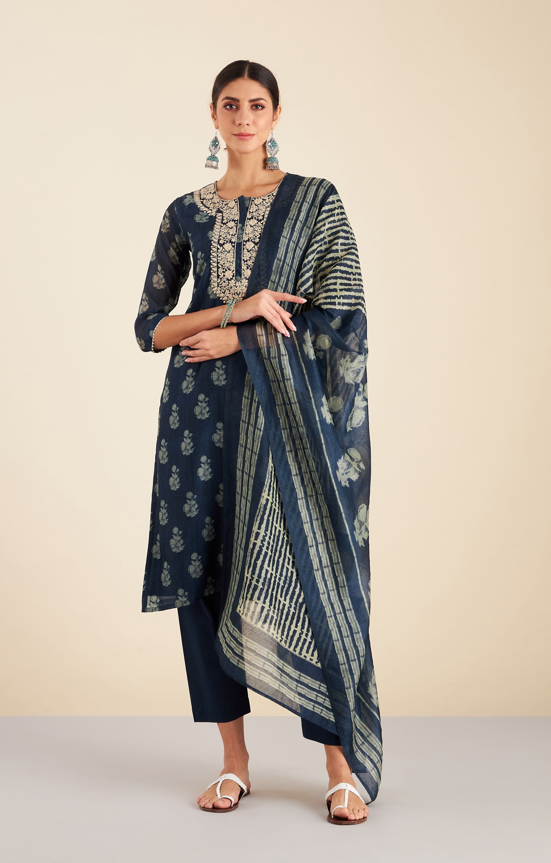Navy Blue HandBlock Chanderi Suit Set | HER-222