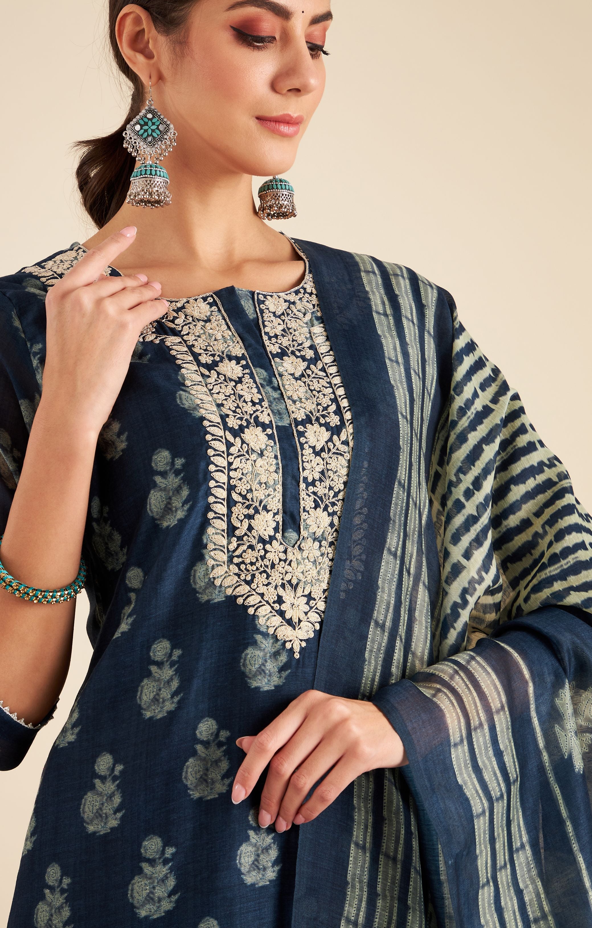 Navy Blue HandBlock Chanderi Suit Set | HER-222