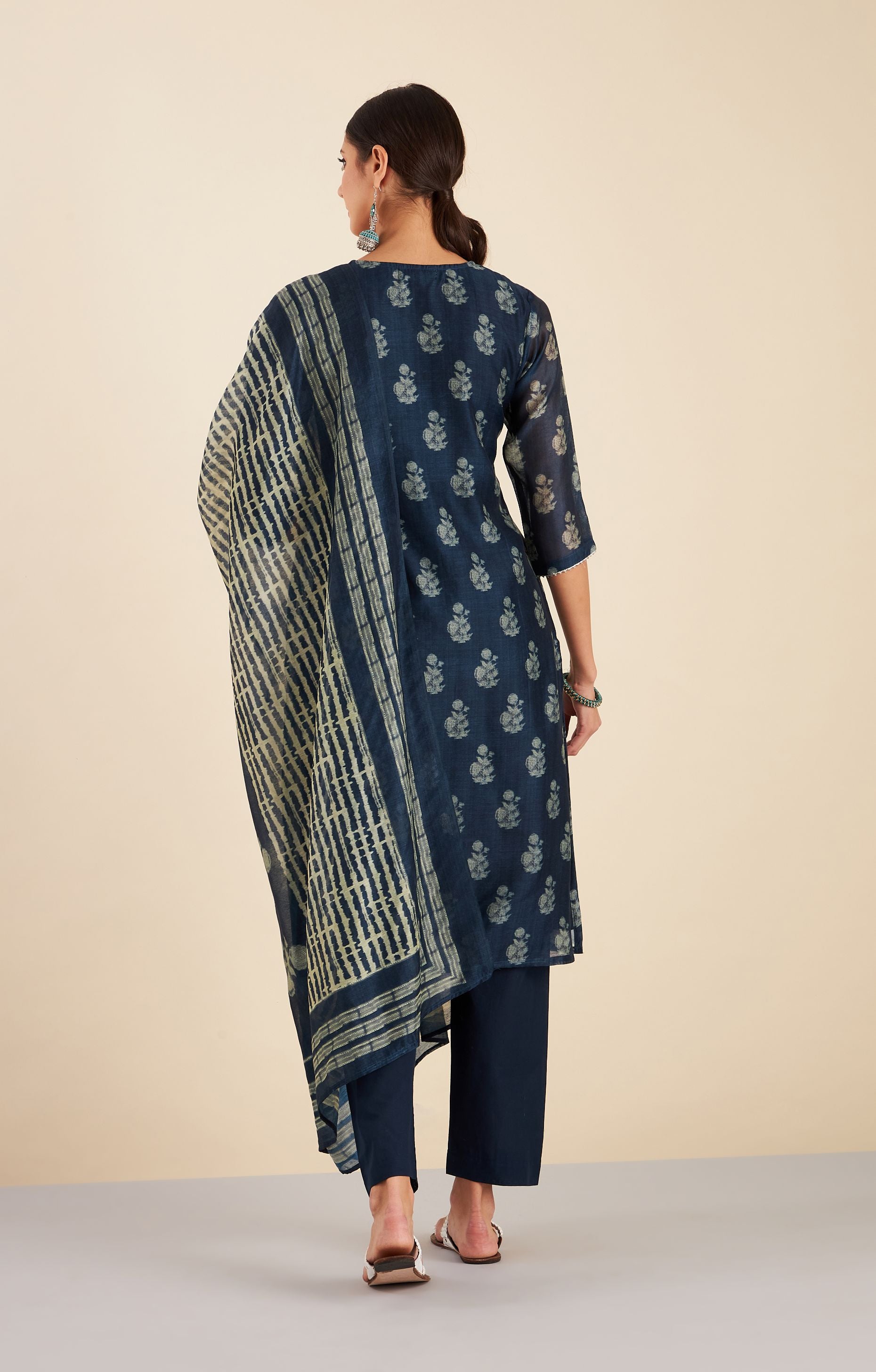 Navy Blue HandBlock Chanderi Suit Set | HER-222