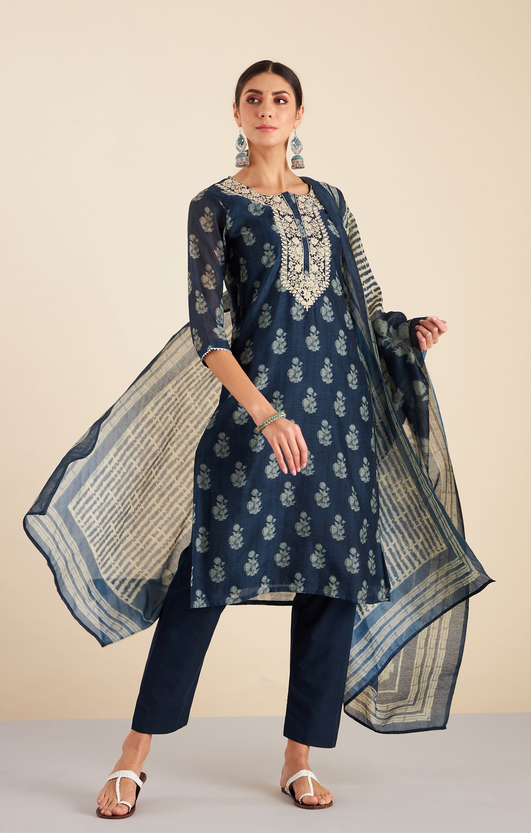 Navy Blue HandBlock Chanderi Suit Set | HER-222