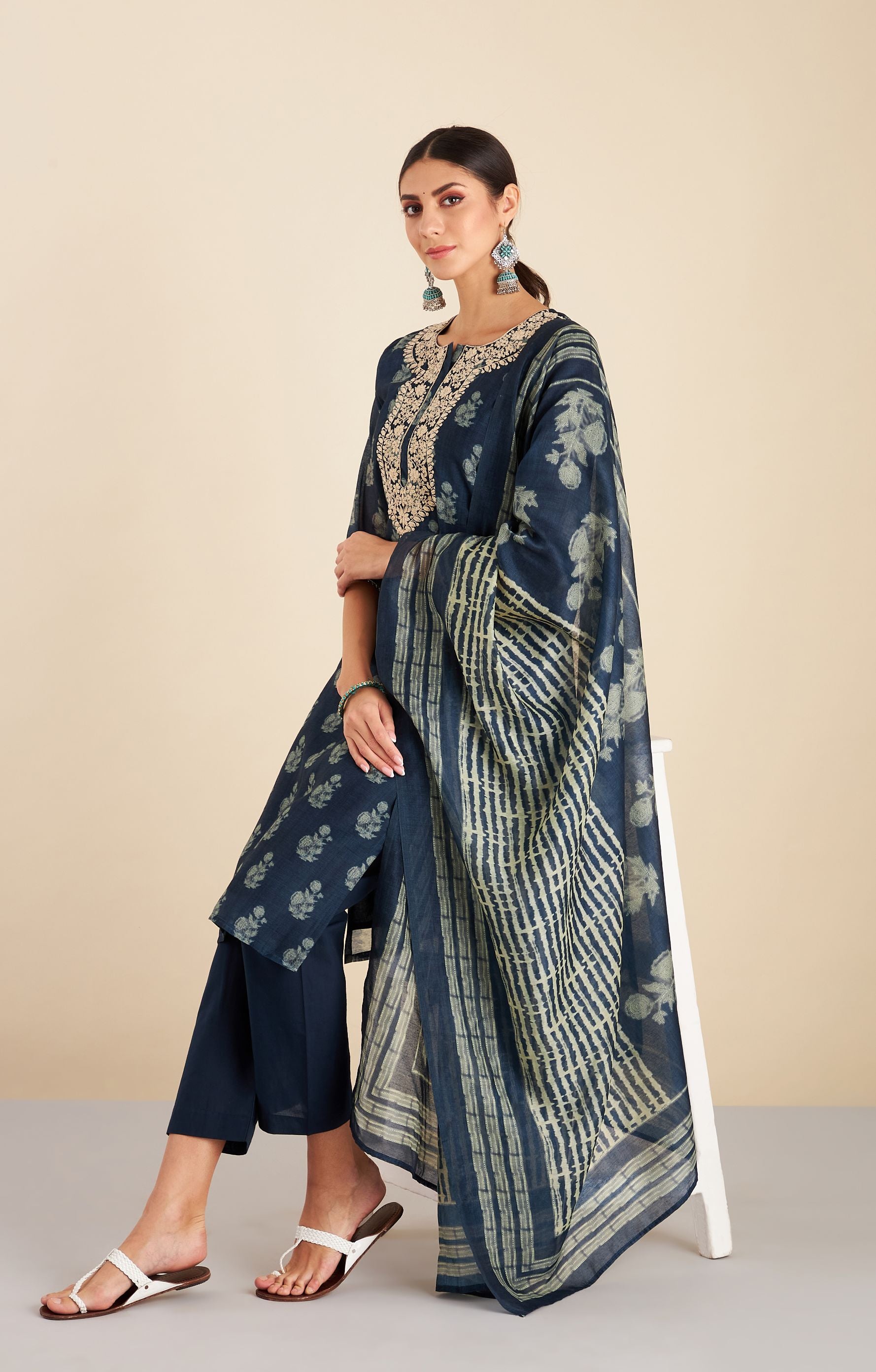 Navy Blue HandBlock Chanderi Suit Set | HER-222