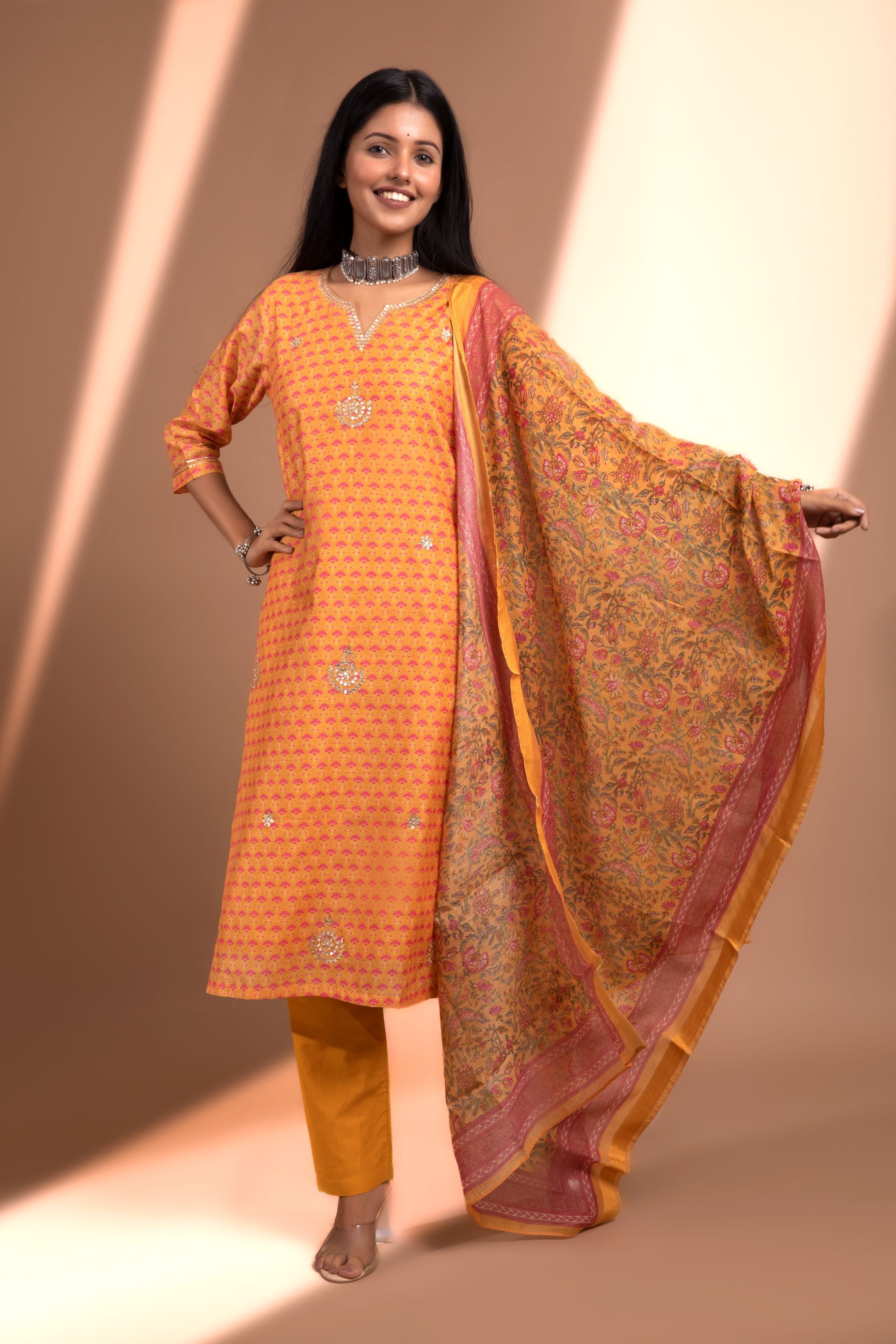 Mustard Straight fit Chanderi Kurta set (with Pant and Dupatta)