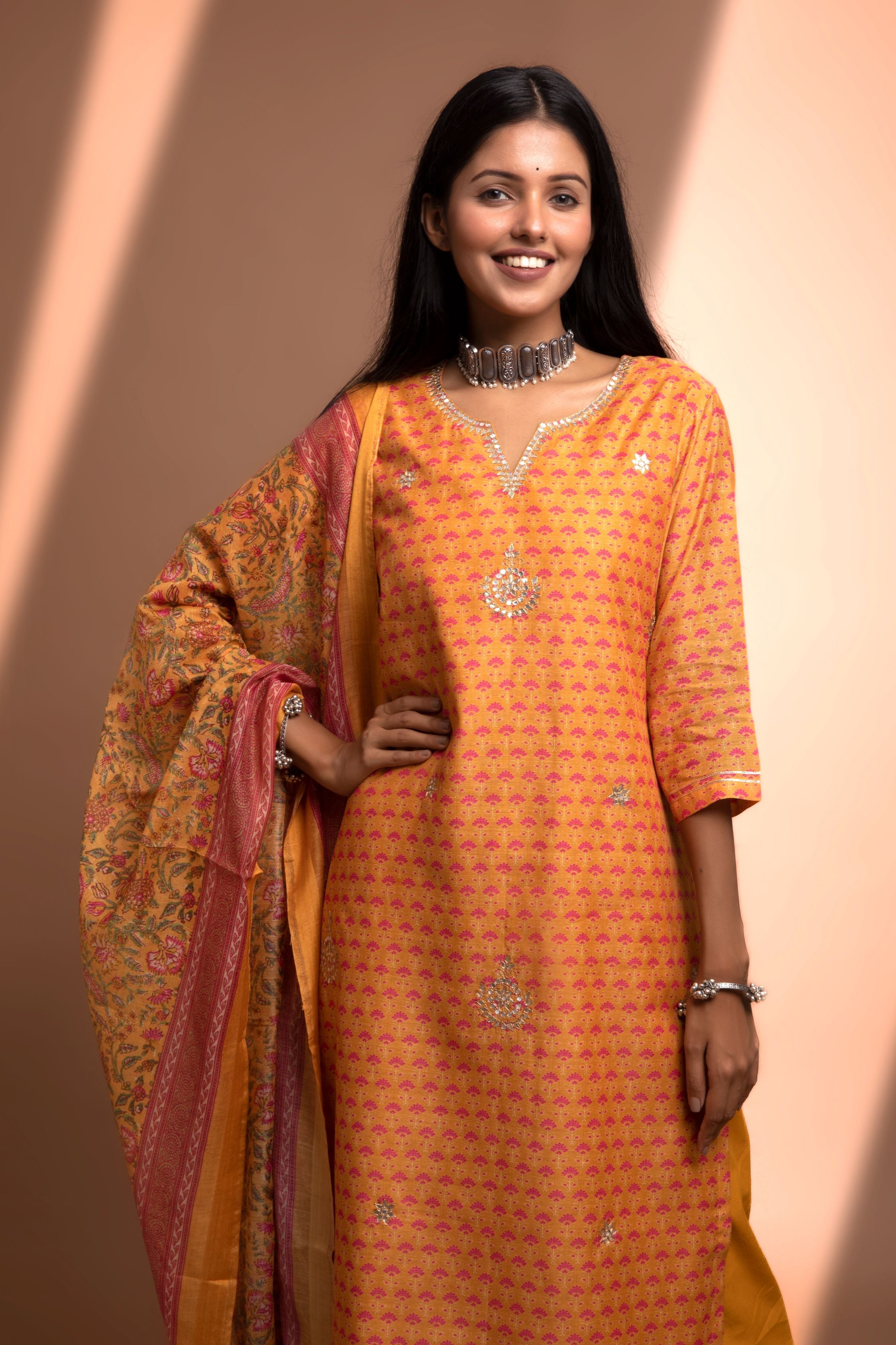 Mustard Straight fit Chanderi Kurta set (with Pant and Dupatta)
