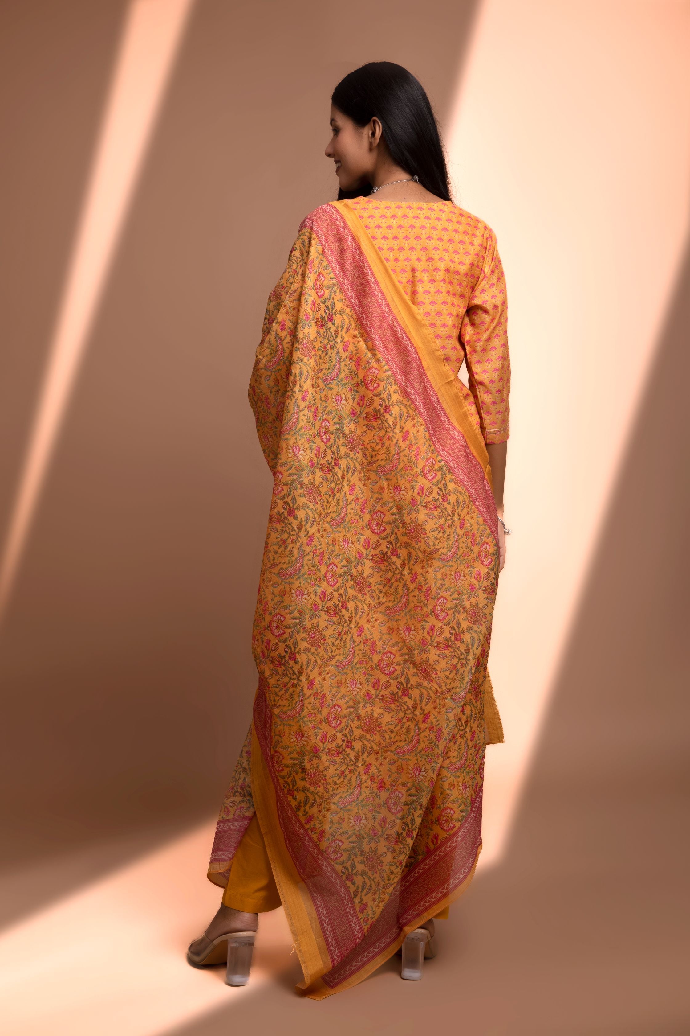 Mustard Straight fit Chanderi Kurta set (with Pant and Dupatta)