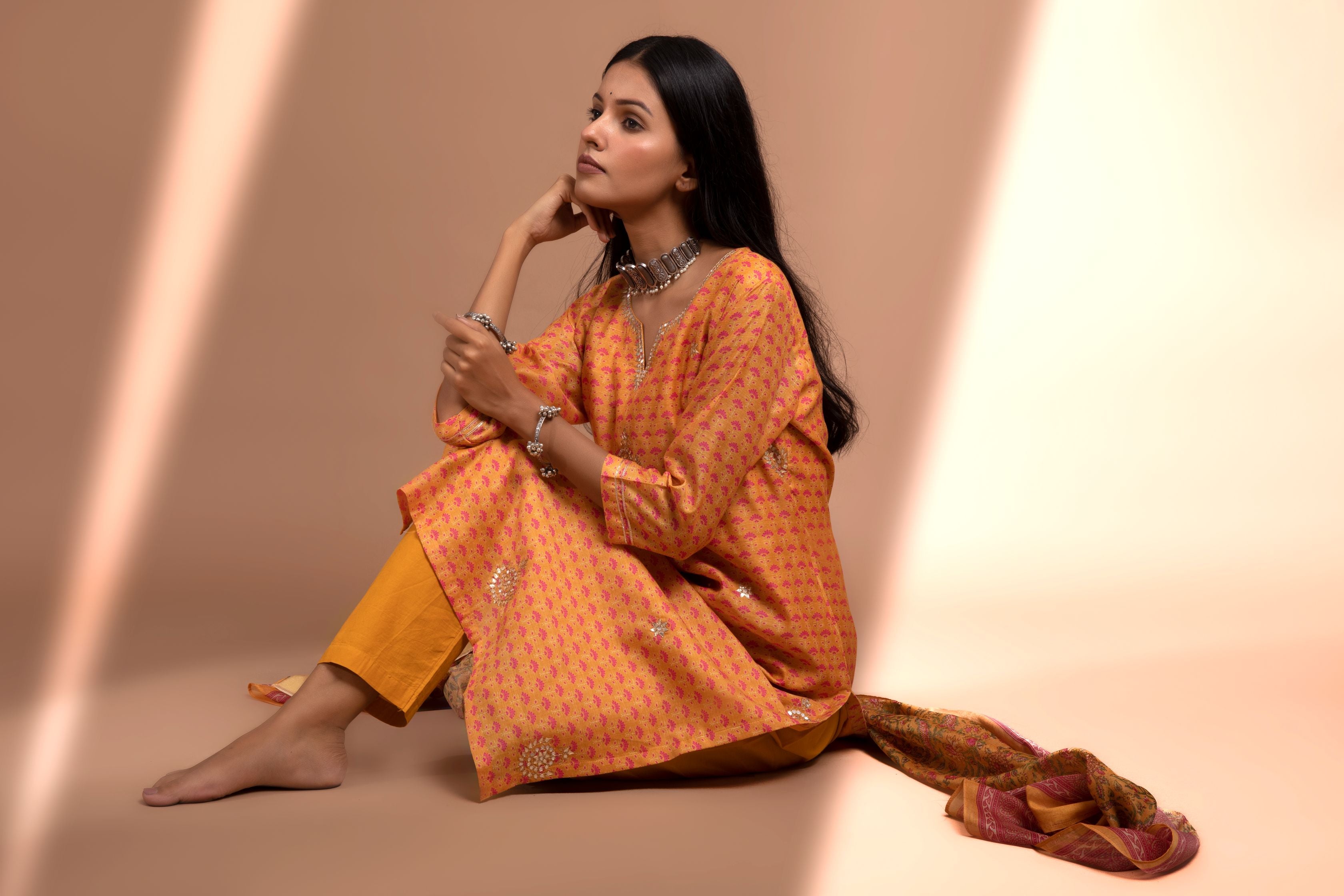 Mustard Straight fit Chanderi Kurta set (with Pant and Dupatta)