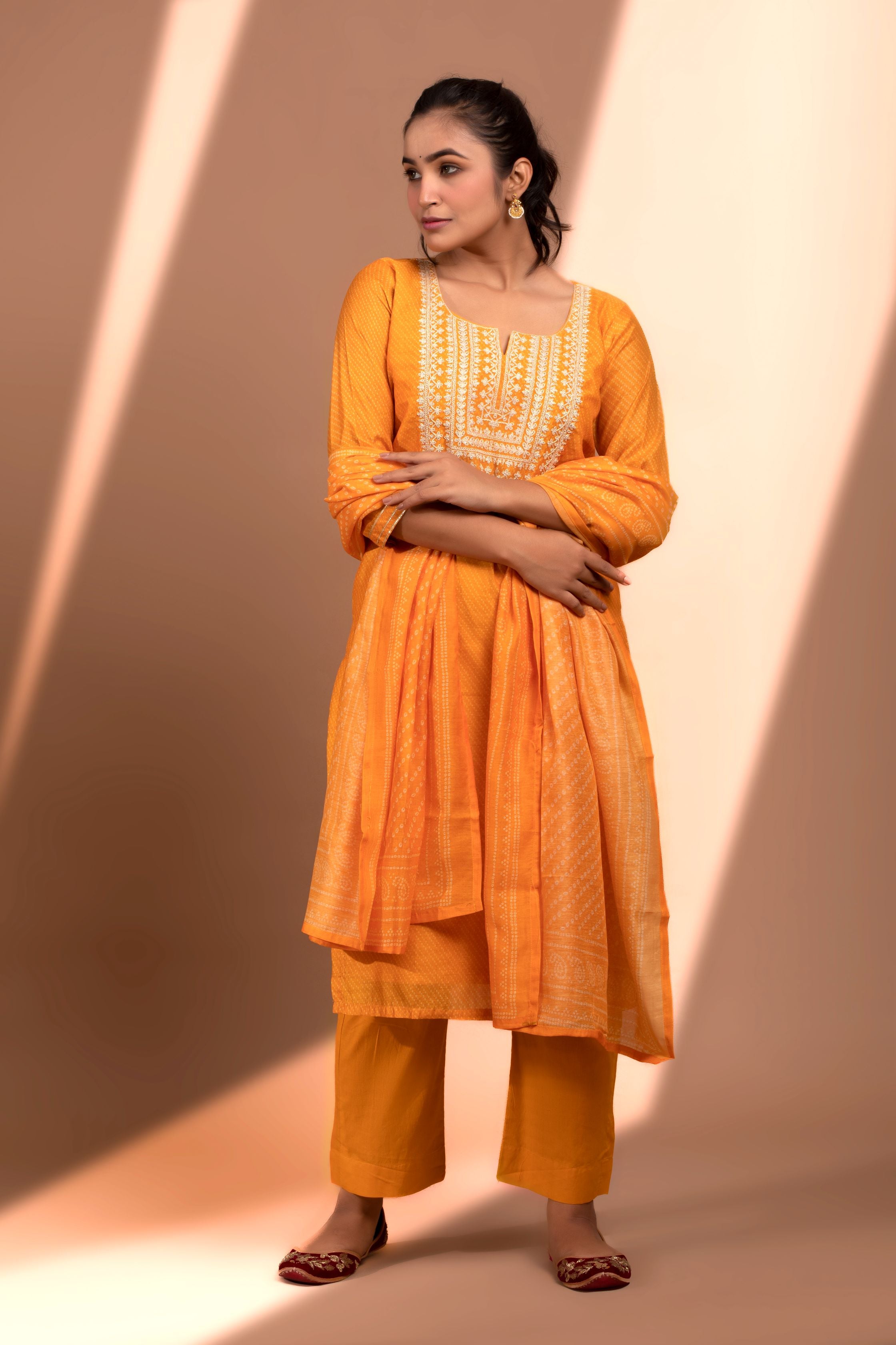Mustard Straight fit Chanderi Kurta set (with Pant and Dupatta)
