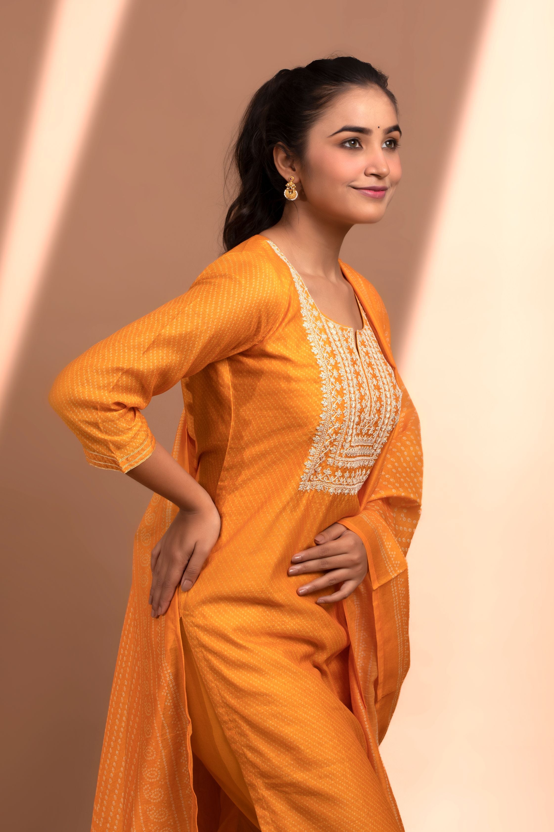 Mustard Straight fit Chanderi Kurta set (with Pant and Dupatta)