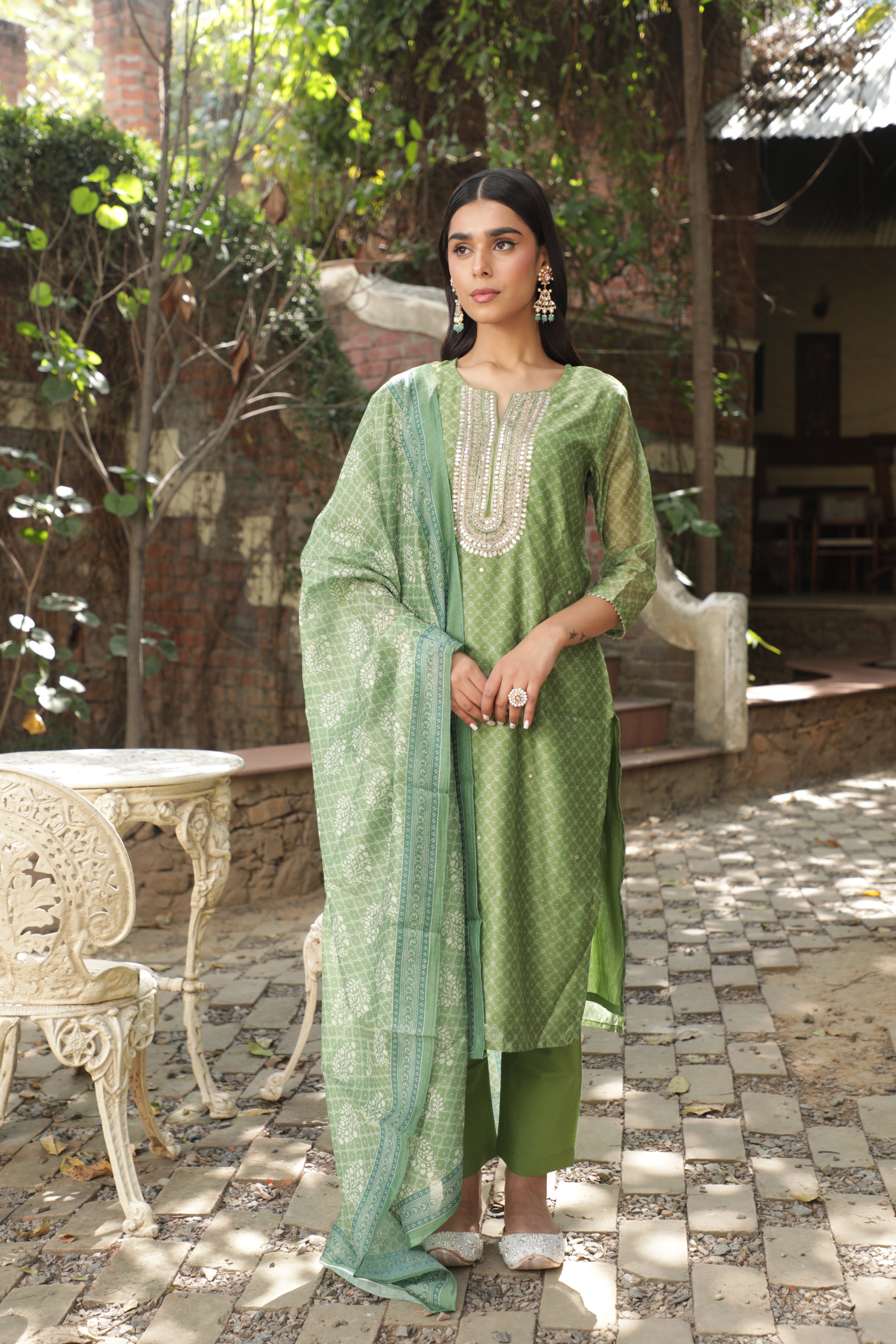 Green Chanderi Suit Set | DA-219