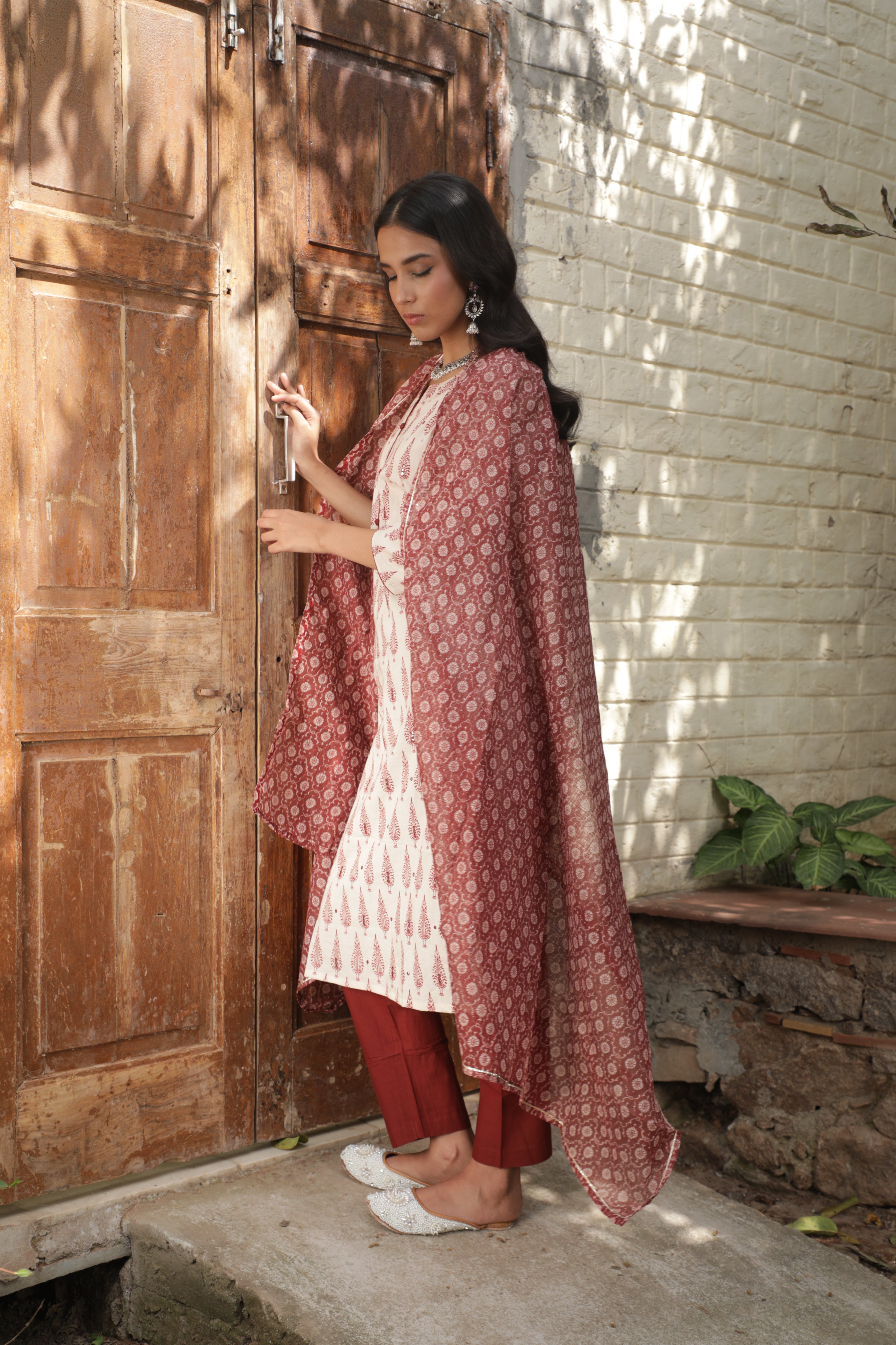 Maroon Motifs Handblock Cotton Suit Set