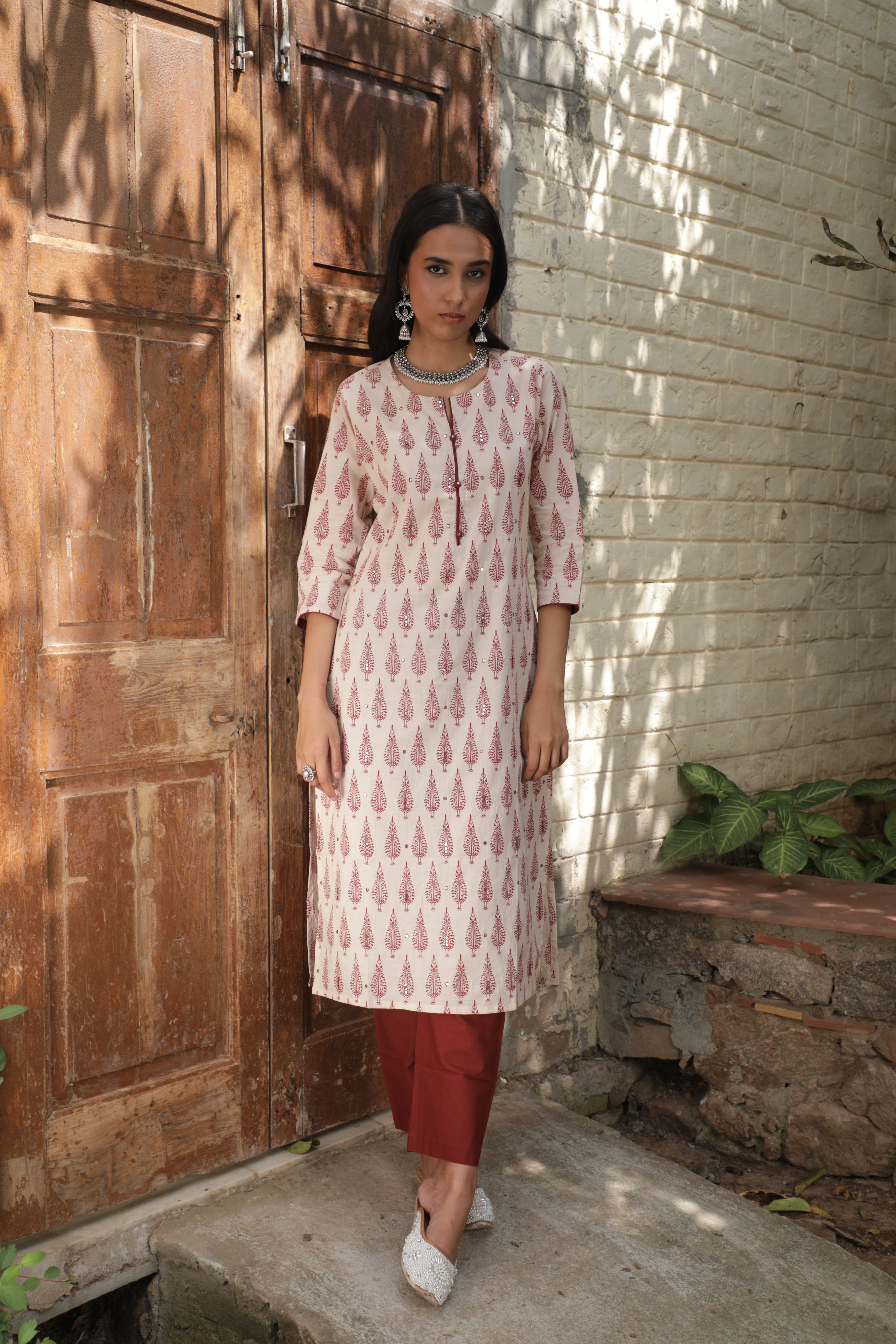 Maroon Motifs Handblock Cotton Suit Set