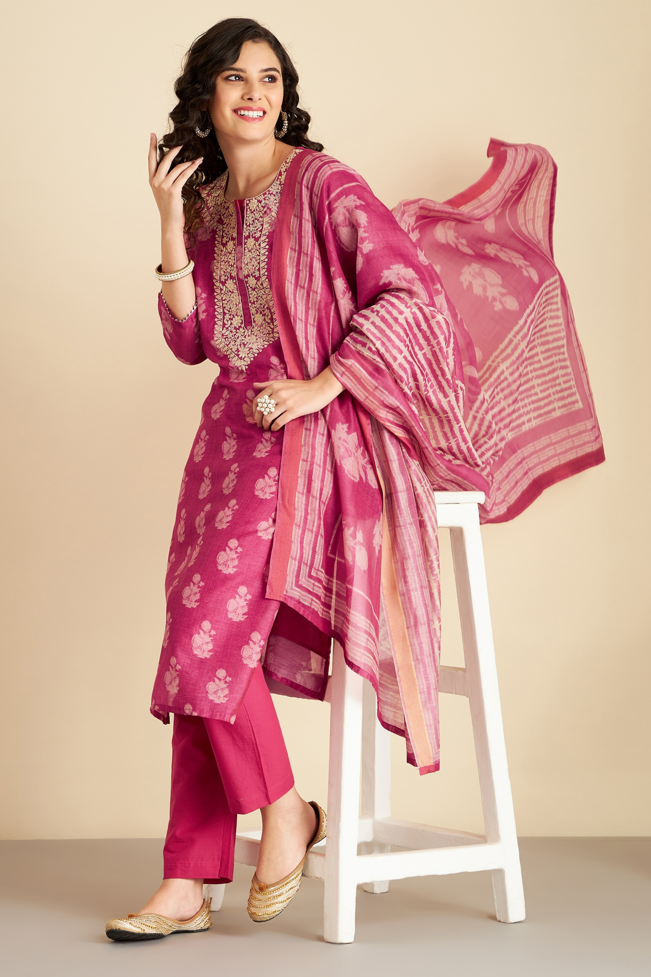 Pink Hand Block Printed Chanderi Suit Set | HER-222
