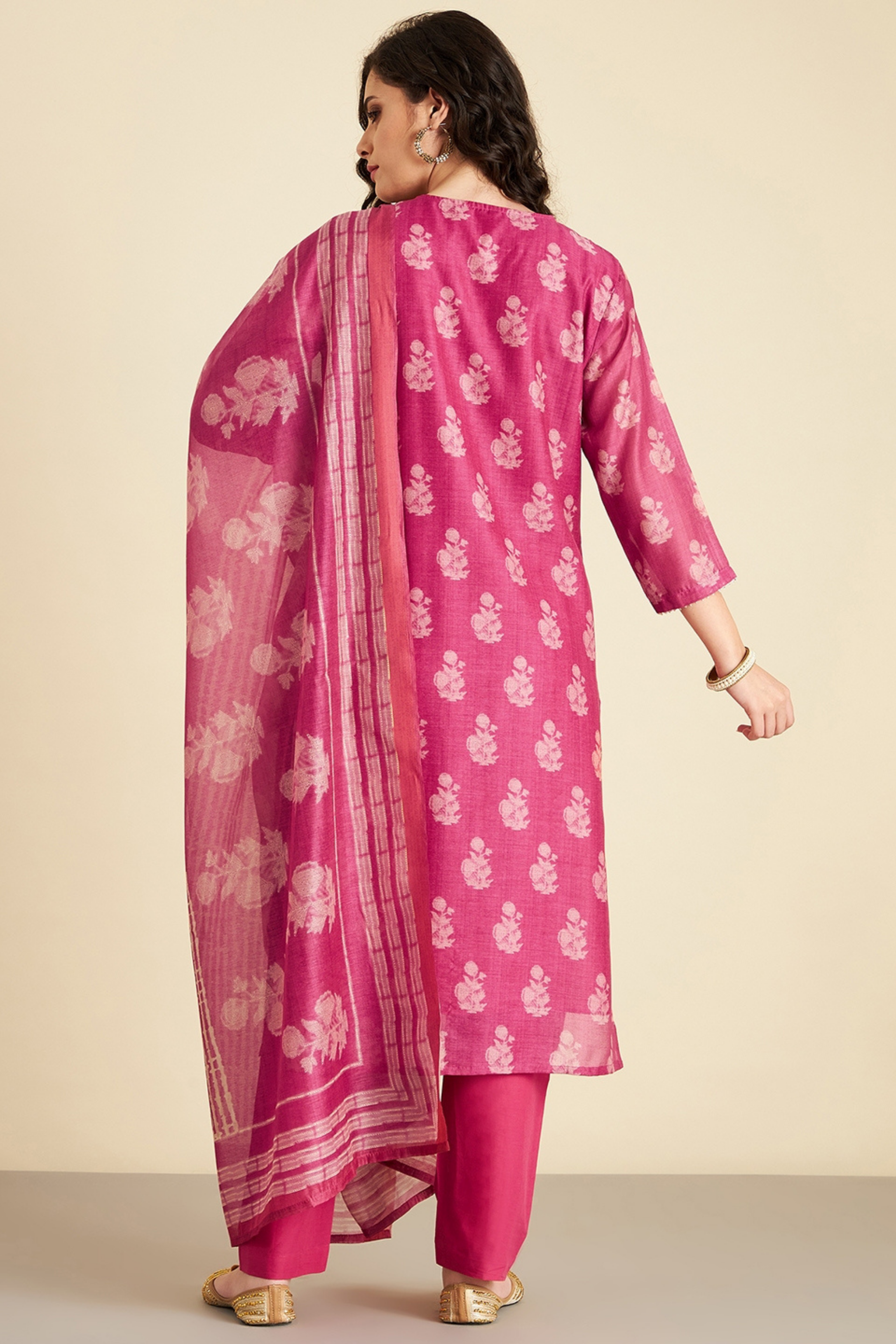Pink Hand Block Printed Chanderi Suit Set | HER-222
