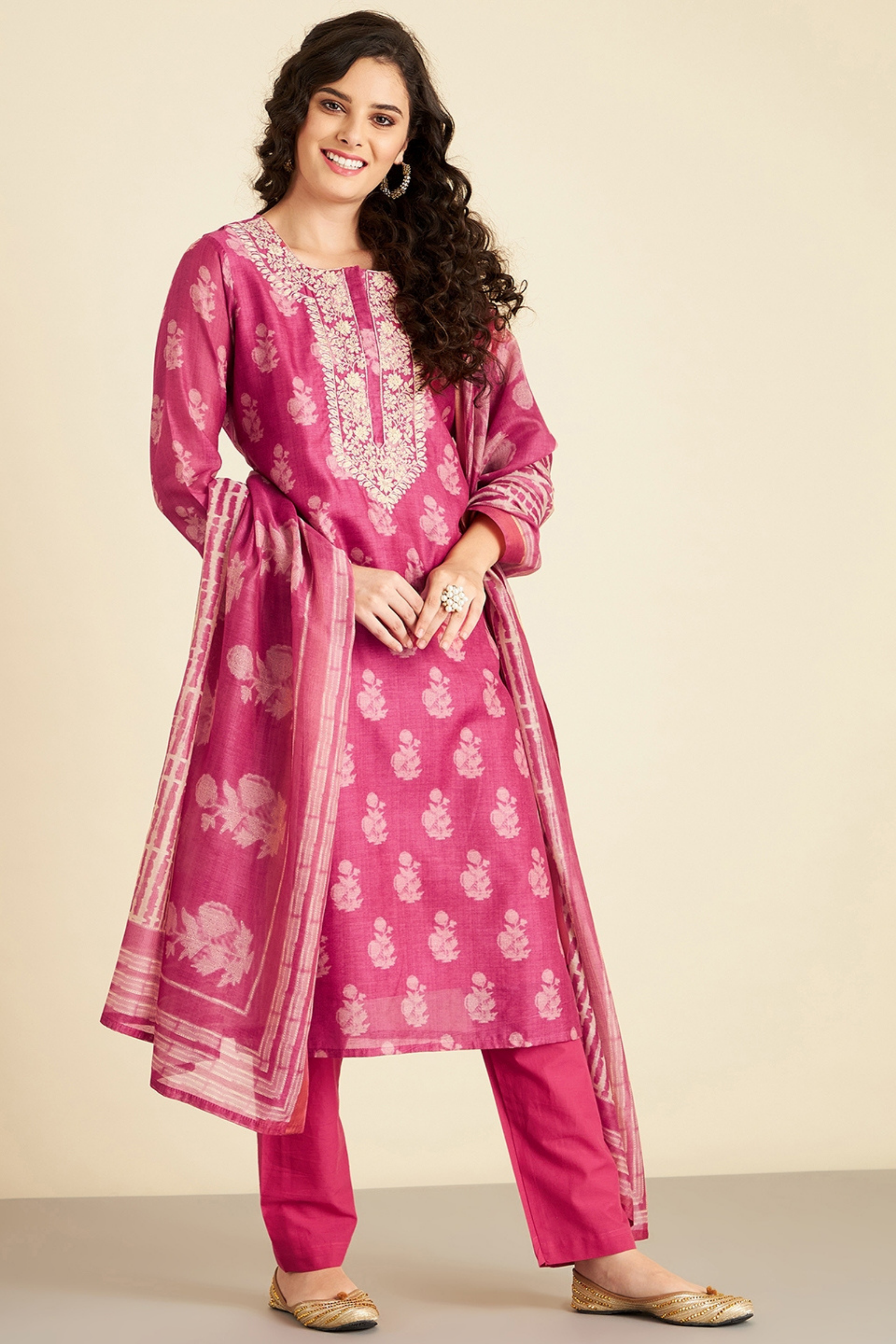 Pink Hand Block Printed Chanderi Suit Set | HER-222