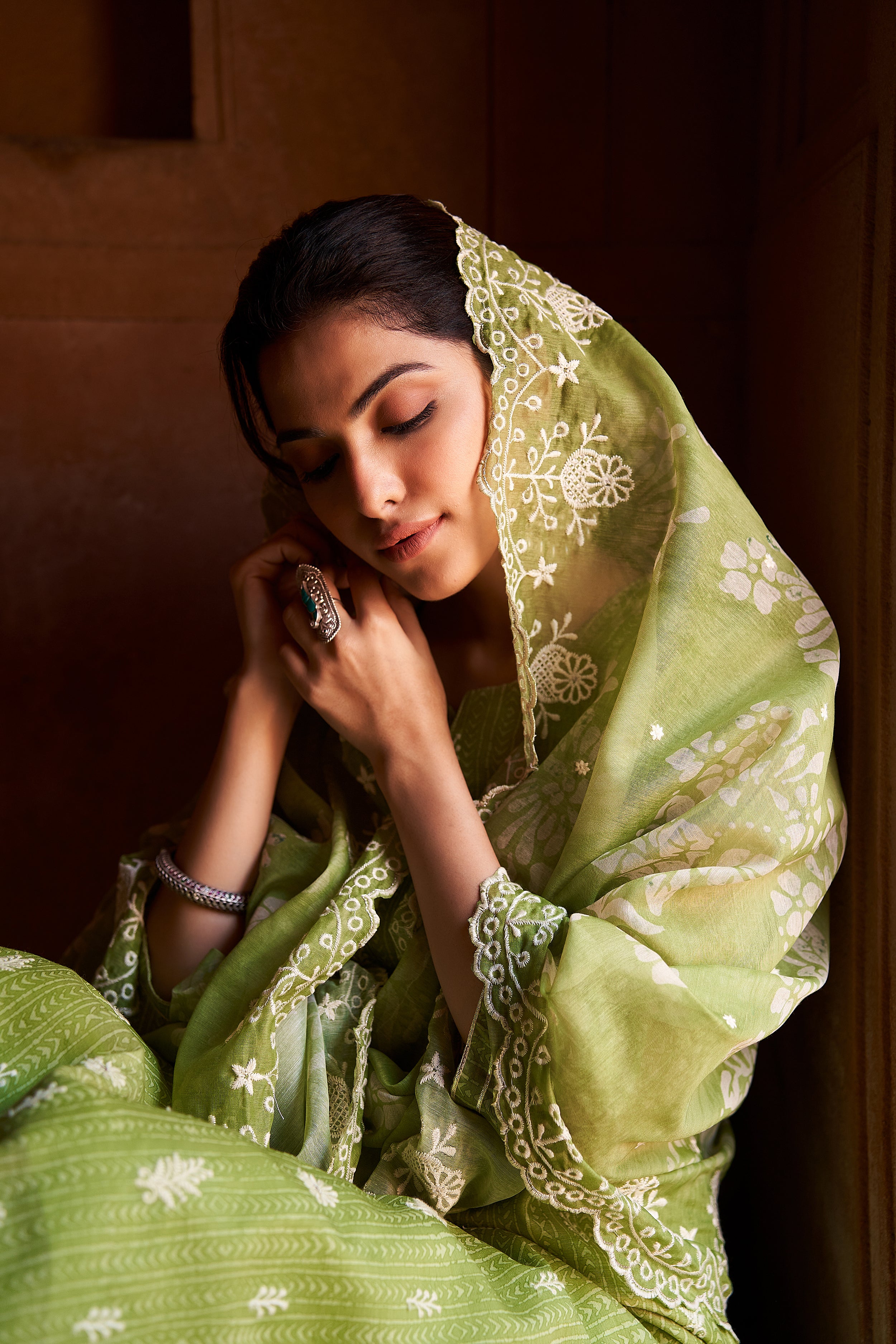 Bright Green Chanderi Suit Set (With Pants and Dupatta)