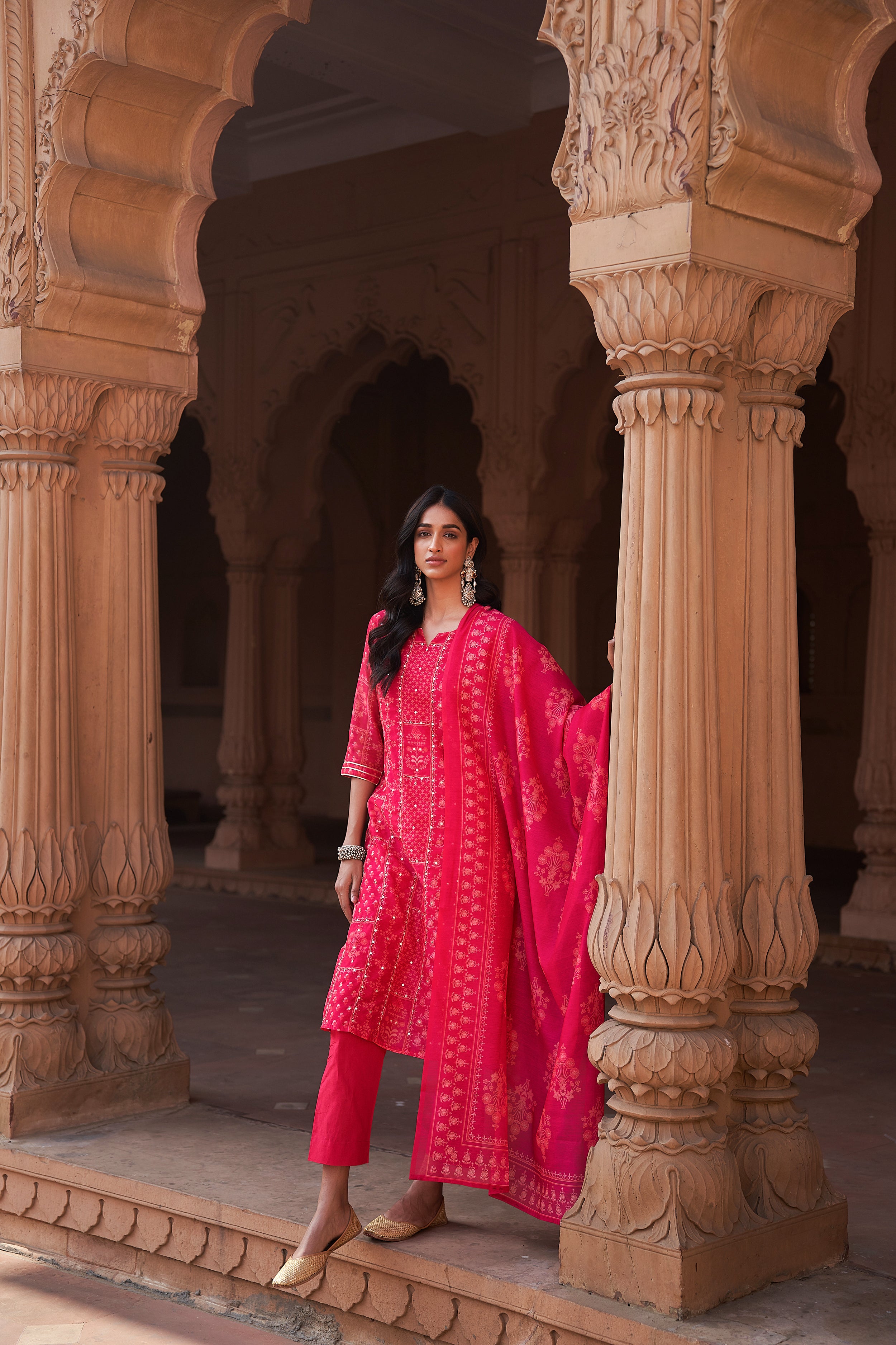 Pink Chanderi Suit Set (With Pants and Dupatta)