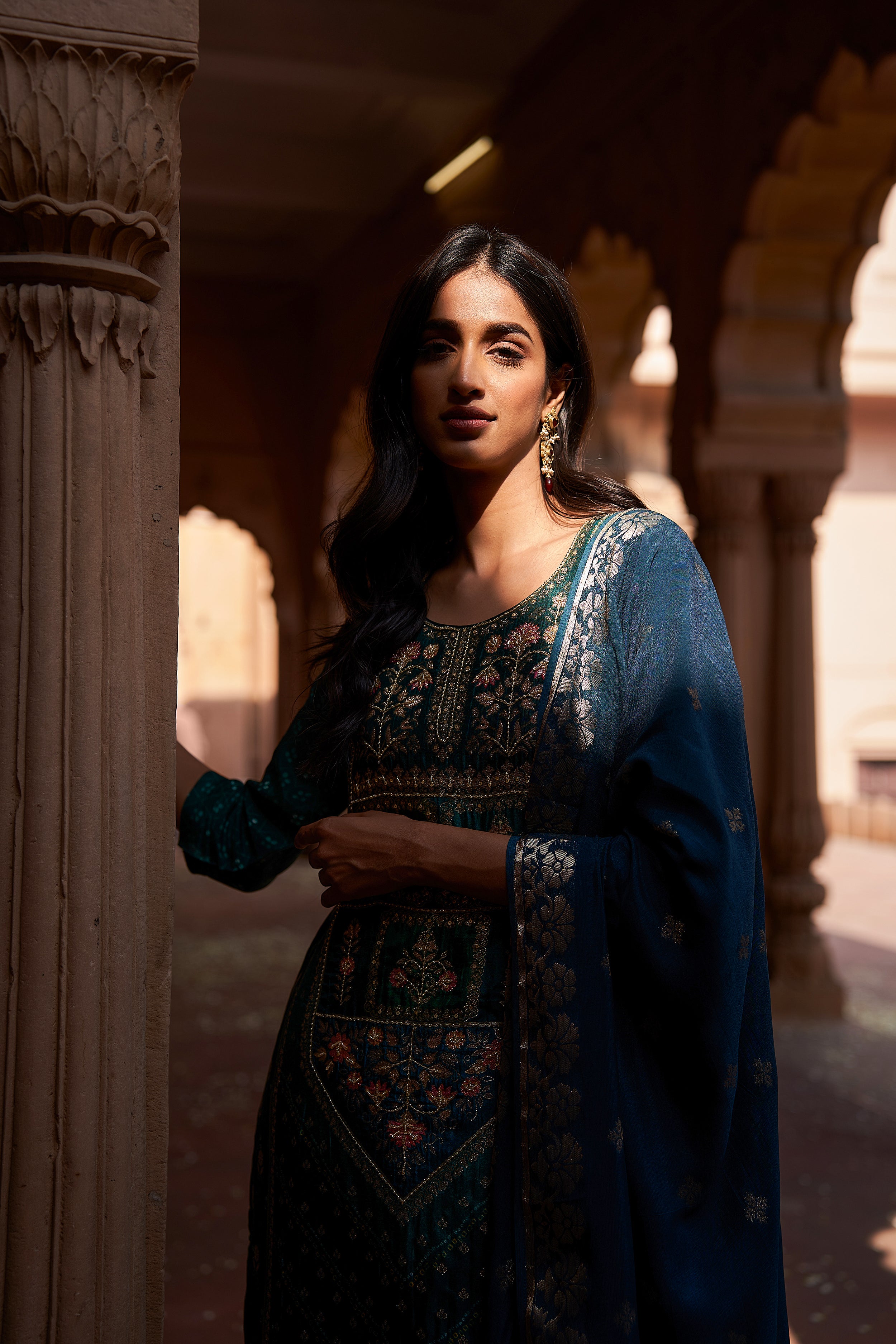 Blue Dola Jacquard Suit Set | HER-166