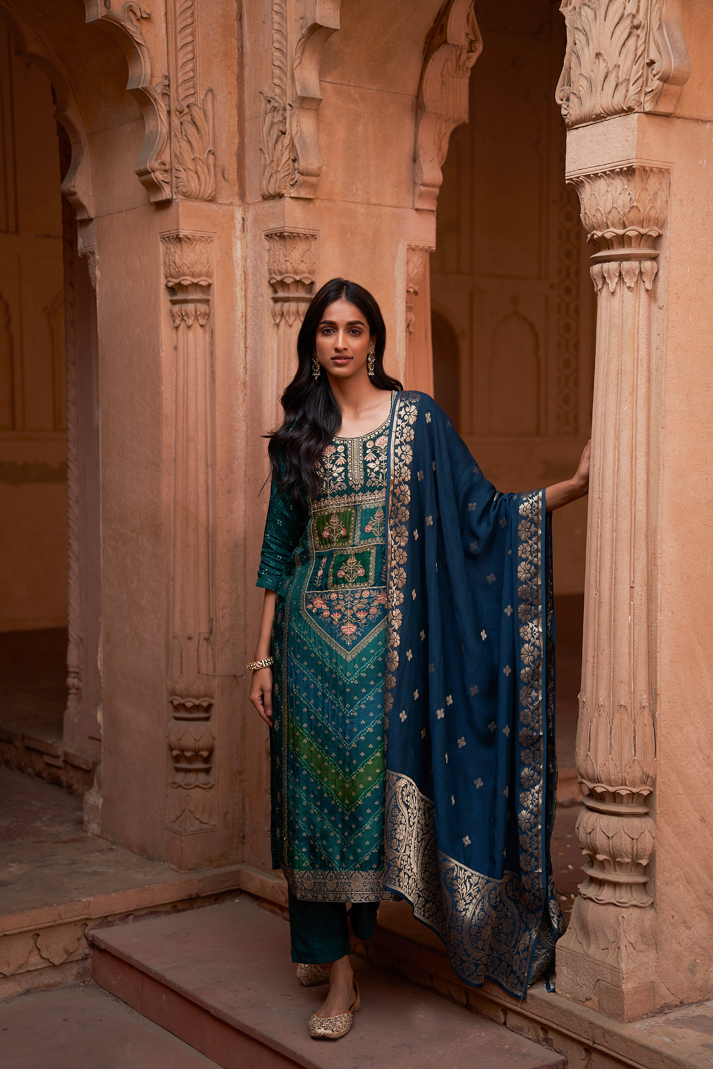 Blue Dola Jacquard Suit Set | HER-166