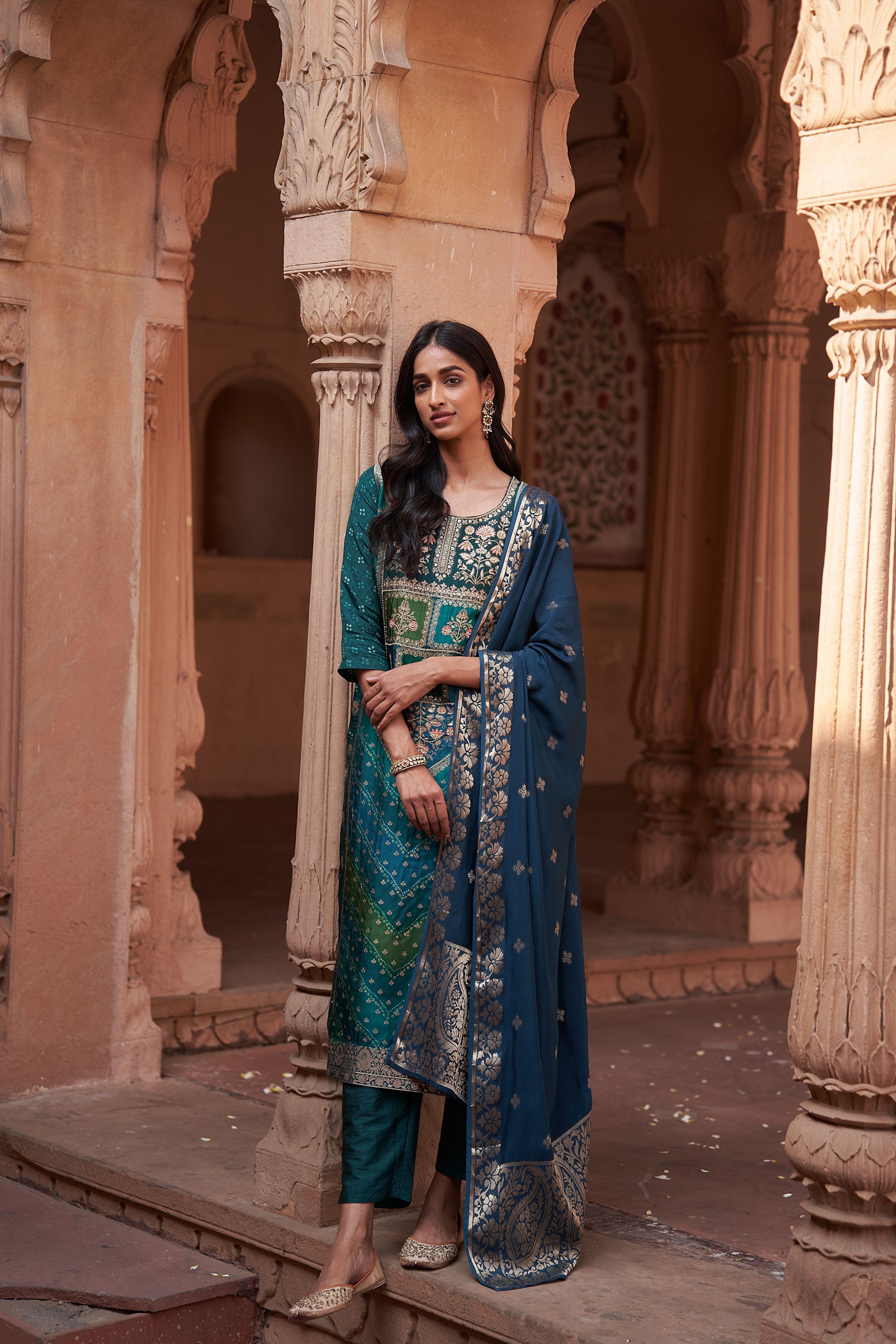 Blue Dola Jacquard Suit Set | HER-166