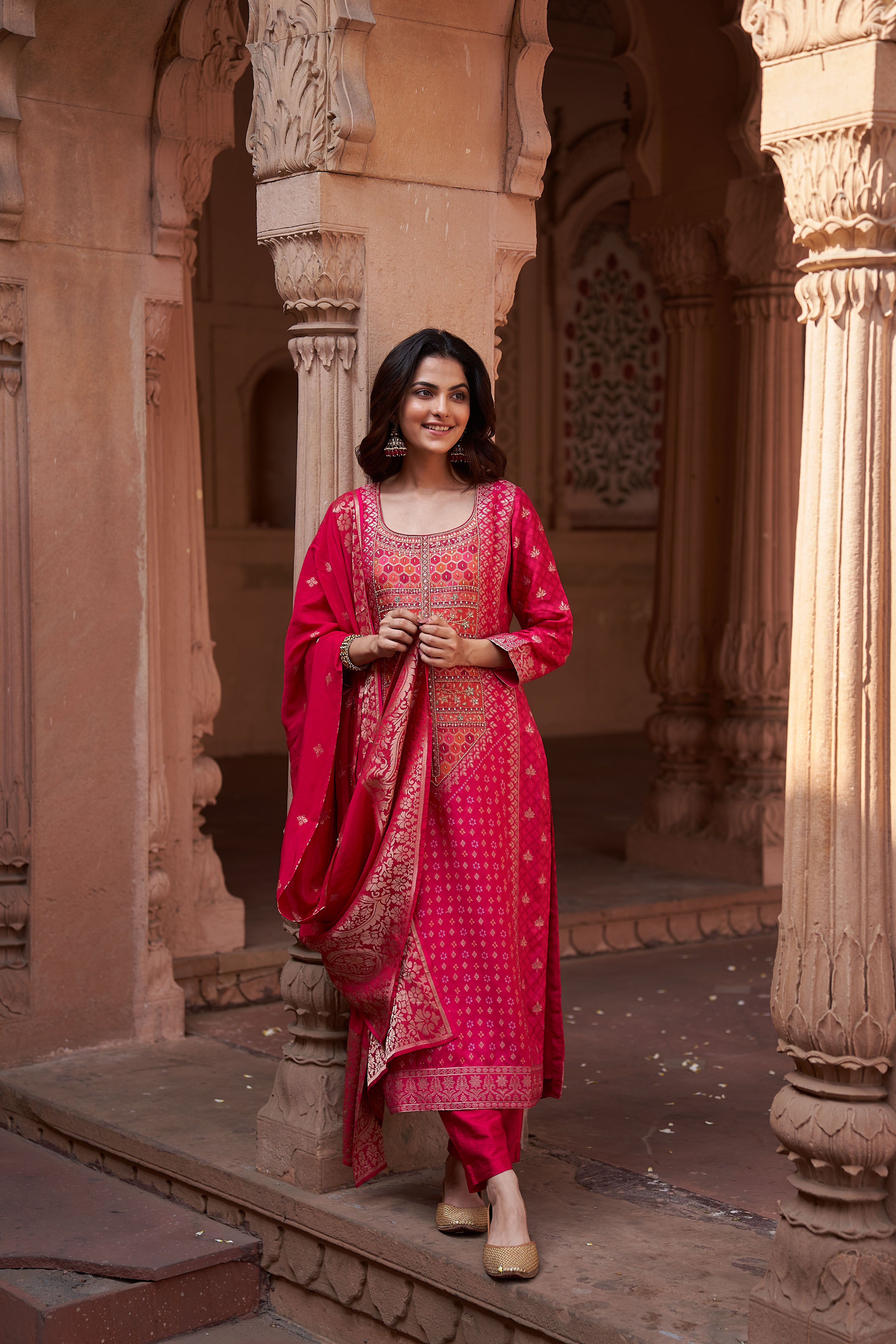 Pink Dola Jacquard Suit Set | HER-167