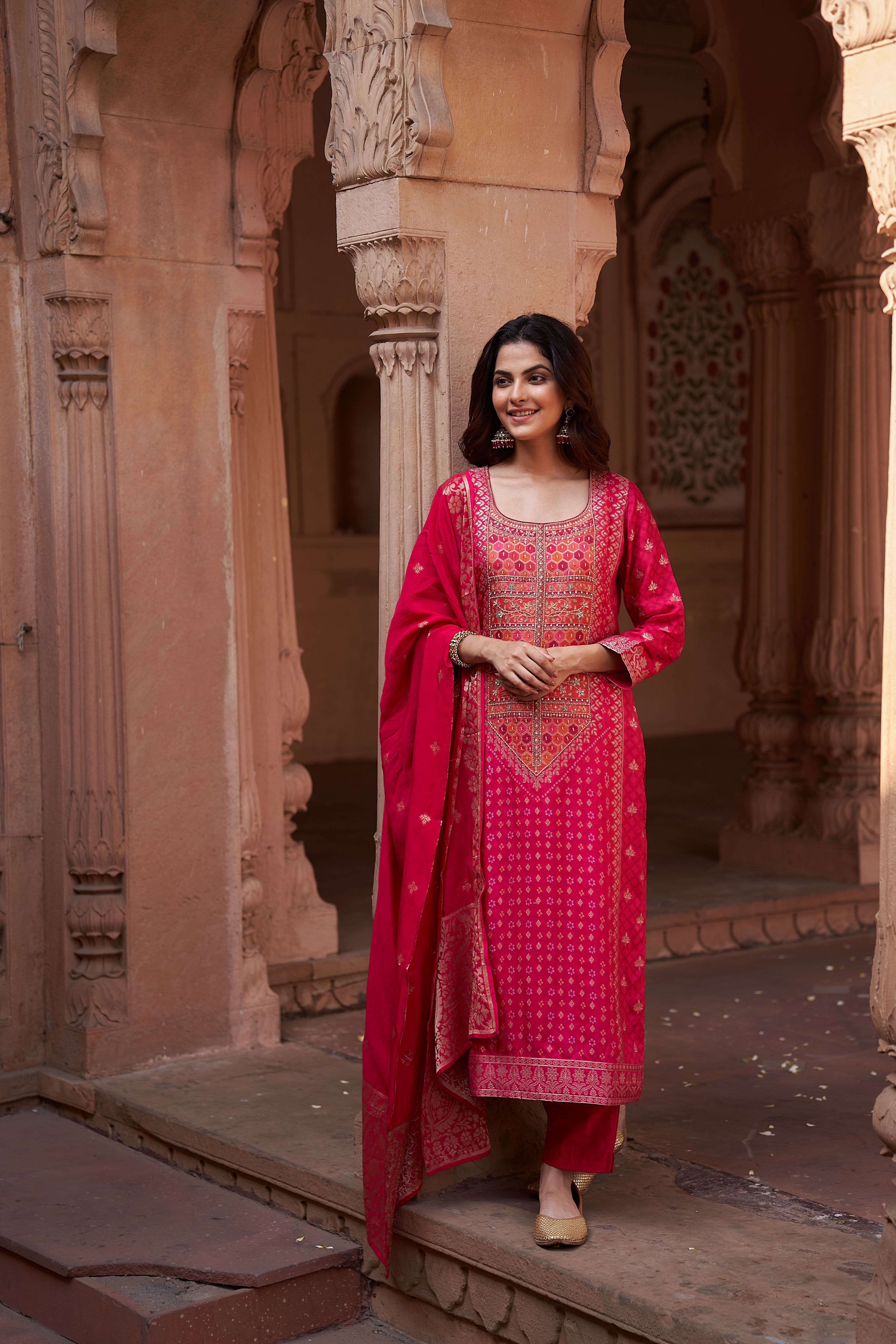 Pink Dola Jacquard Suit Set | HER-167
