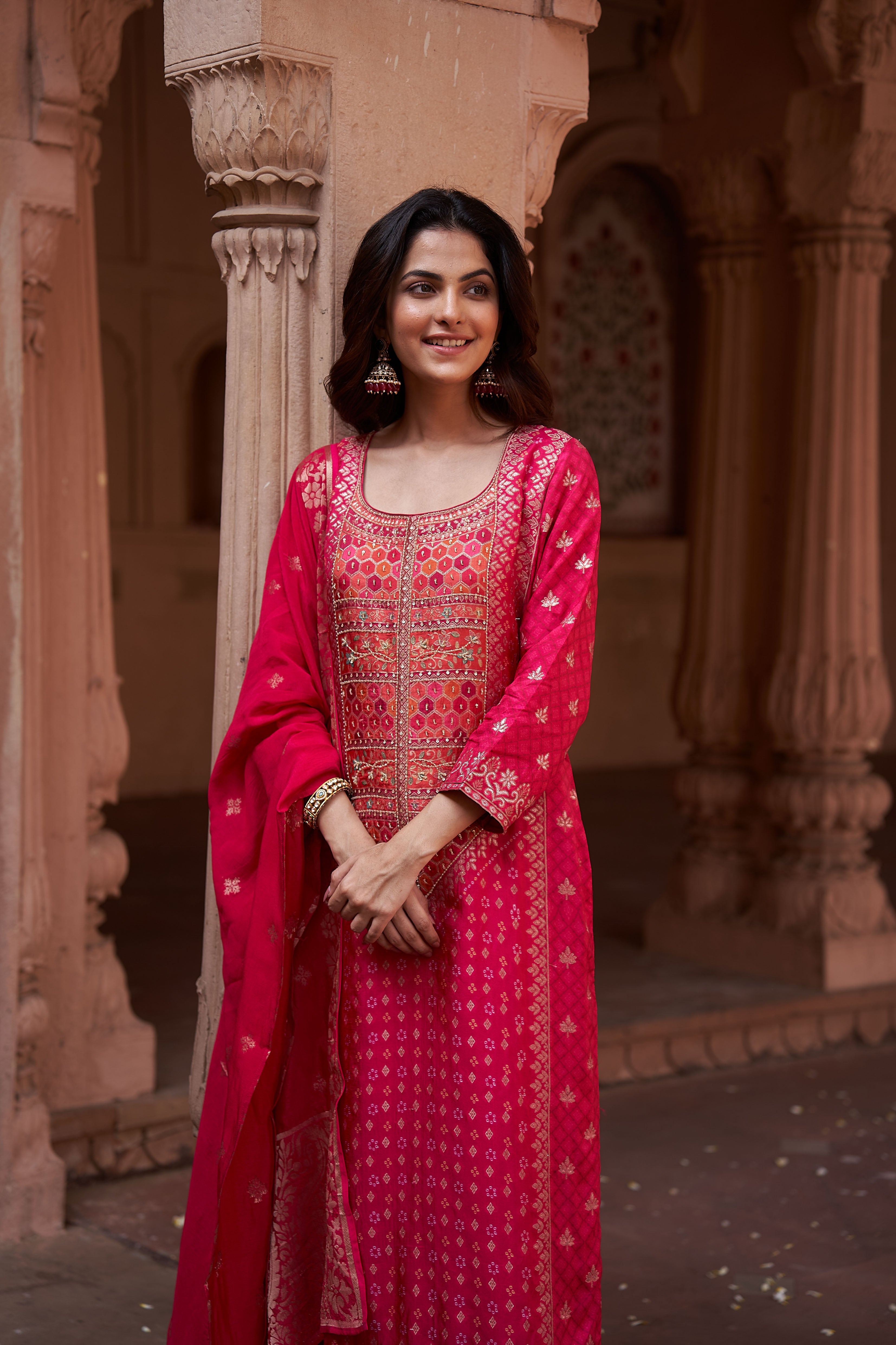 Pink Dola Jacquard Suit Set | HER-167