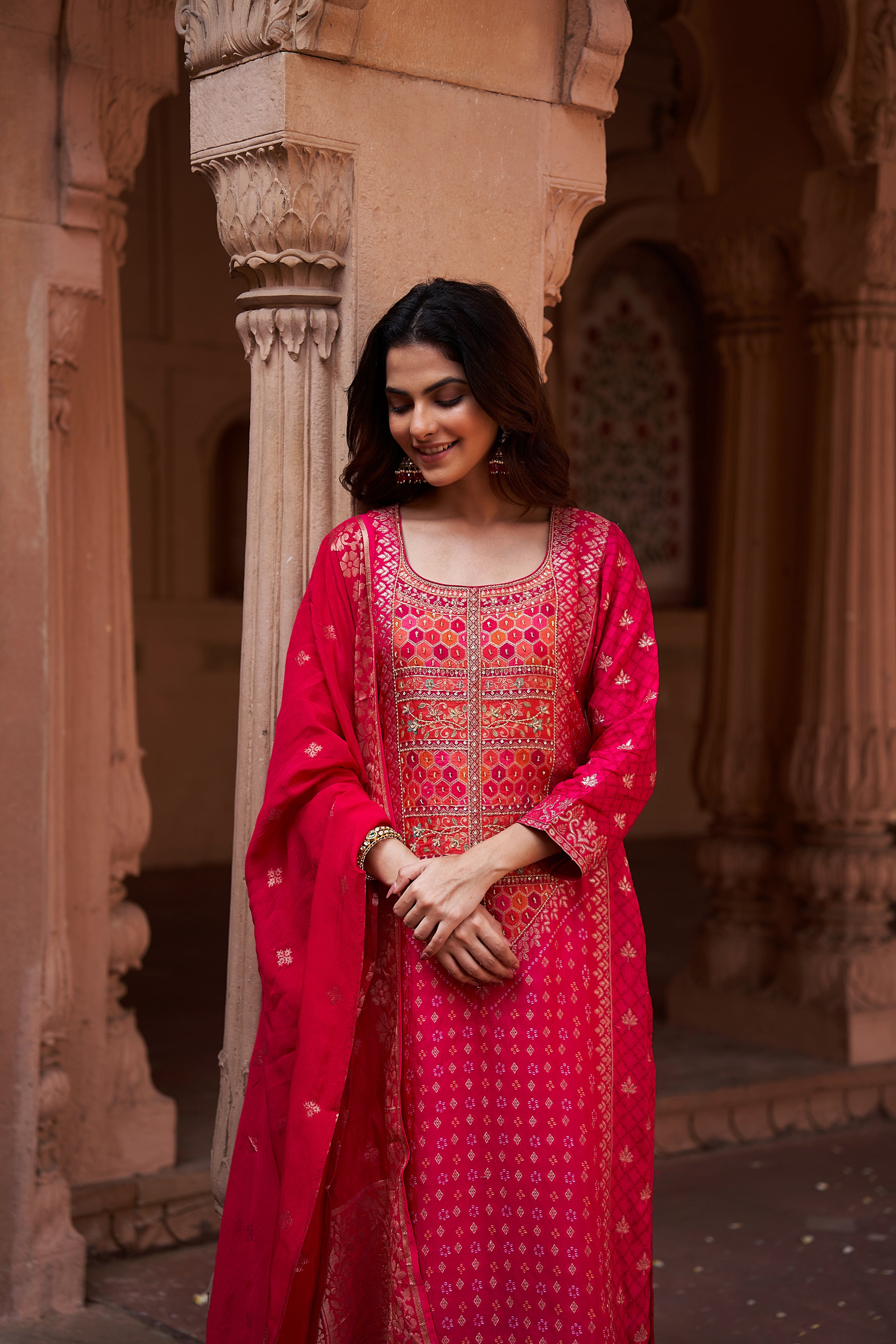Pink Dola Jacquard Suit Set | HER-167
